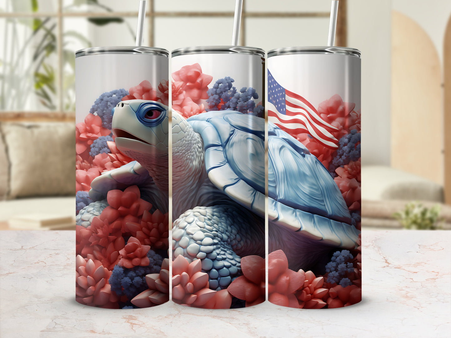 Turtle tumbler with American flag and floral pattern.