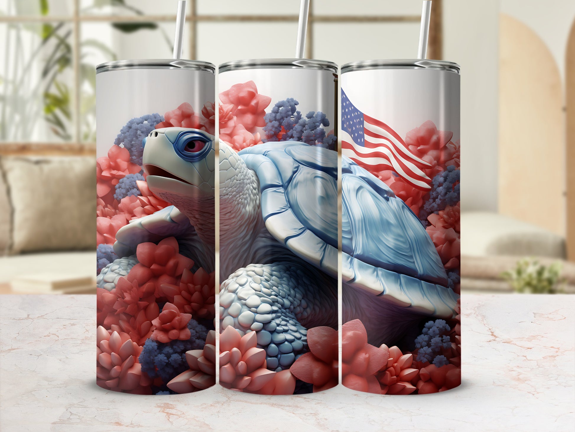 Turtle tumbler with American flag and floral pattern.
