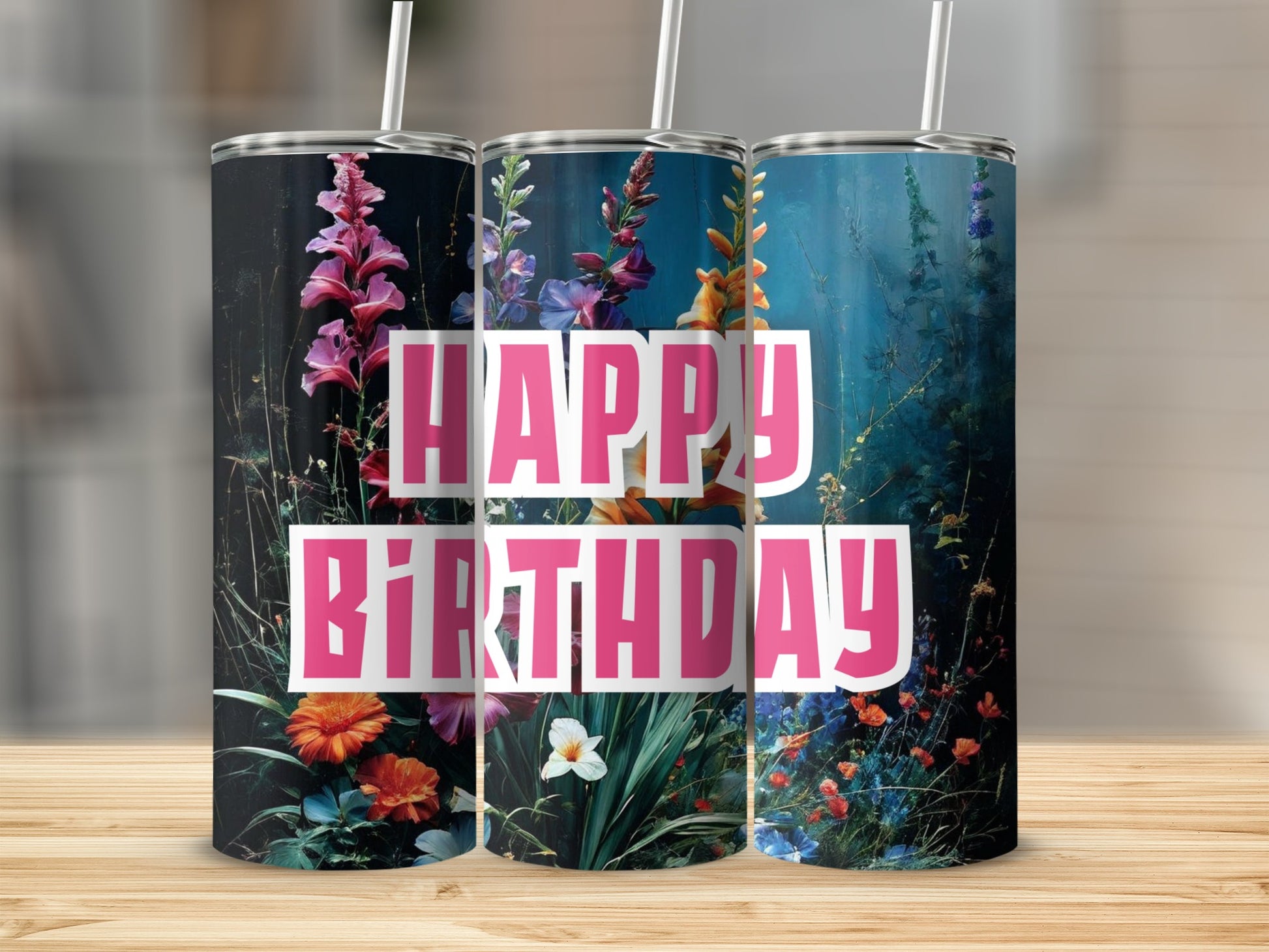 Tall tumbler with vibrant floral pattern and "HAPPY BIRTHDAY" text.