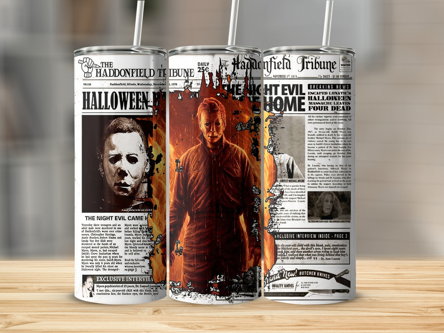 Haddonfield Tribune Halloween Massacre Michael Myers tumbler with newspaper headlines.