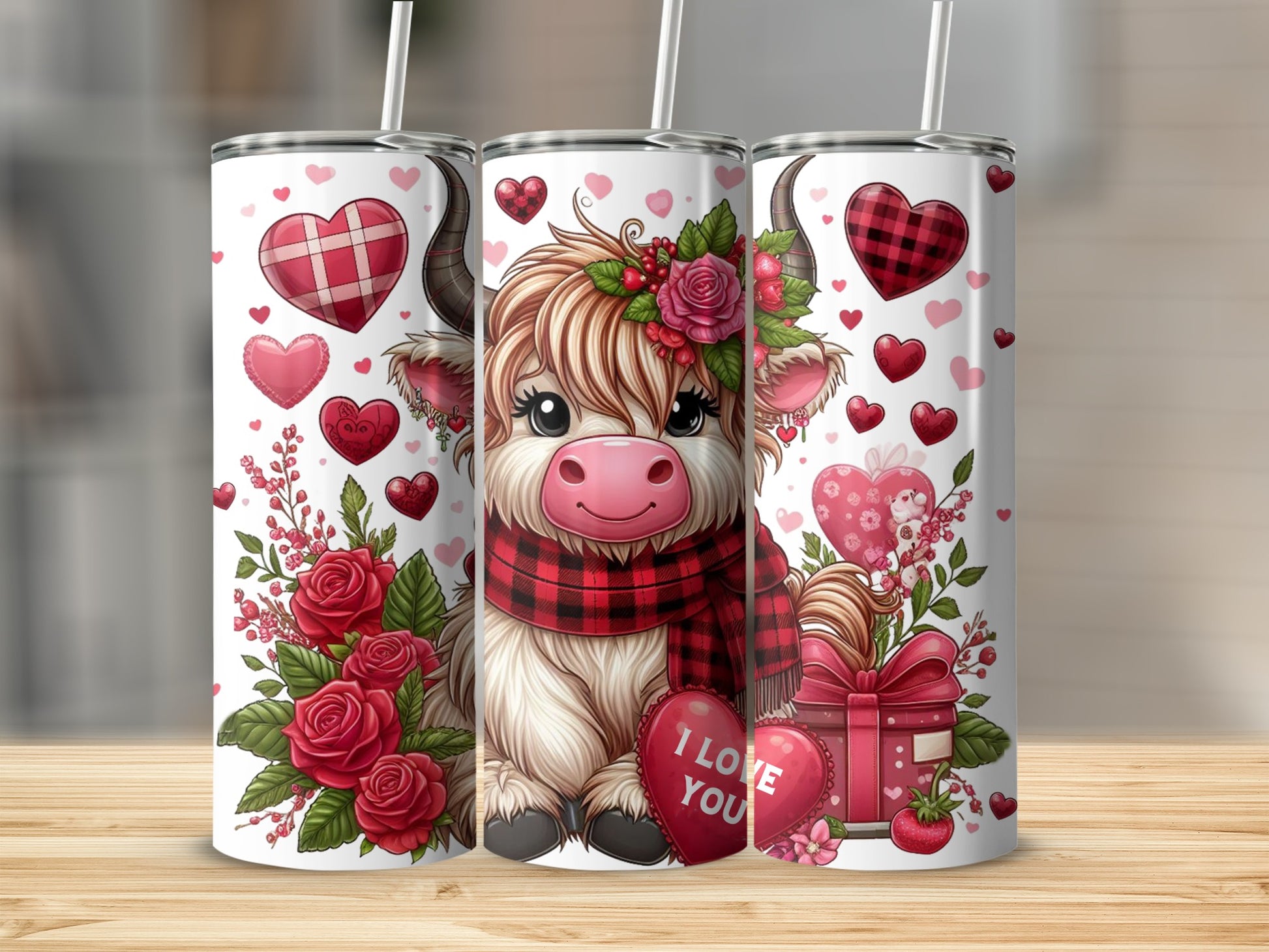 Valentine's Day cow with hearts and roses, wrapped in a red plaid scarf.