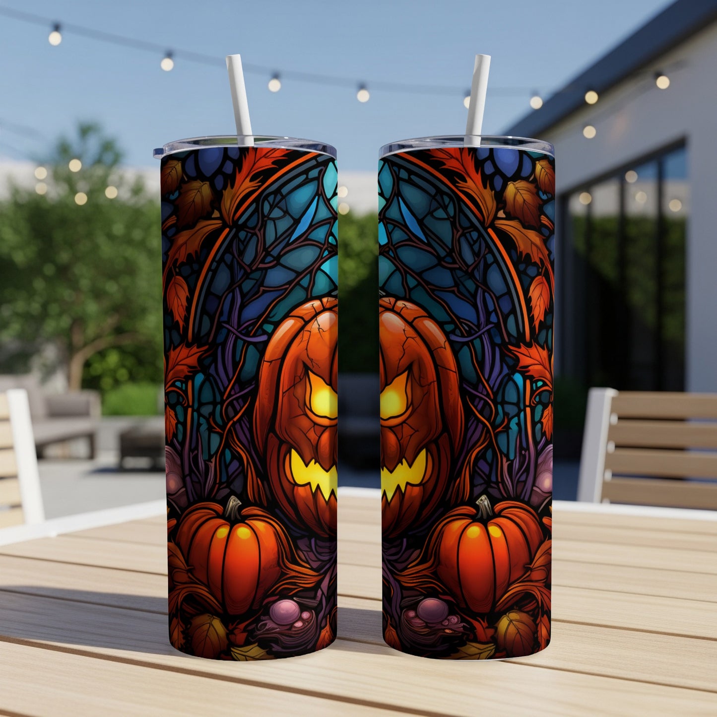 Two tumblers with Halloween jack-o'-lantern and fall leaf stained-glass design.