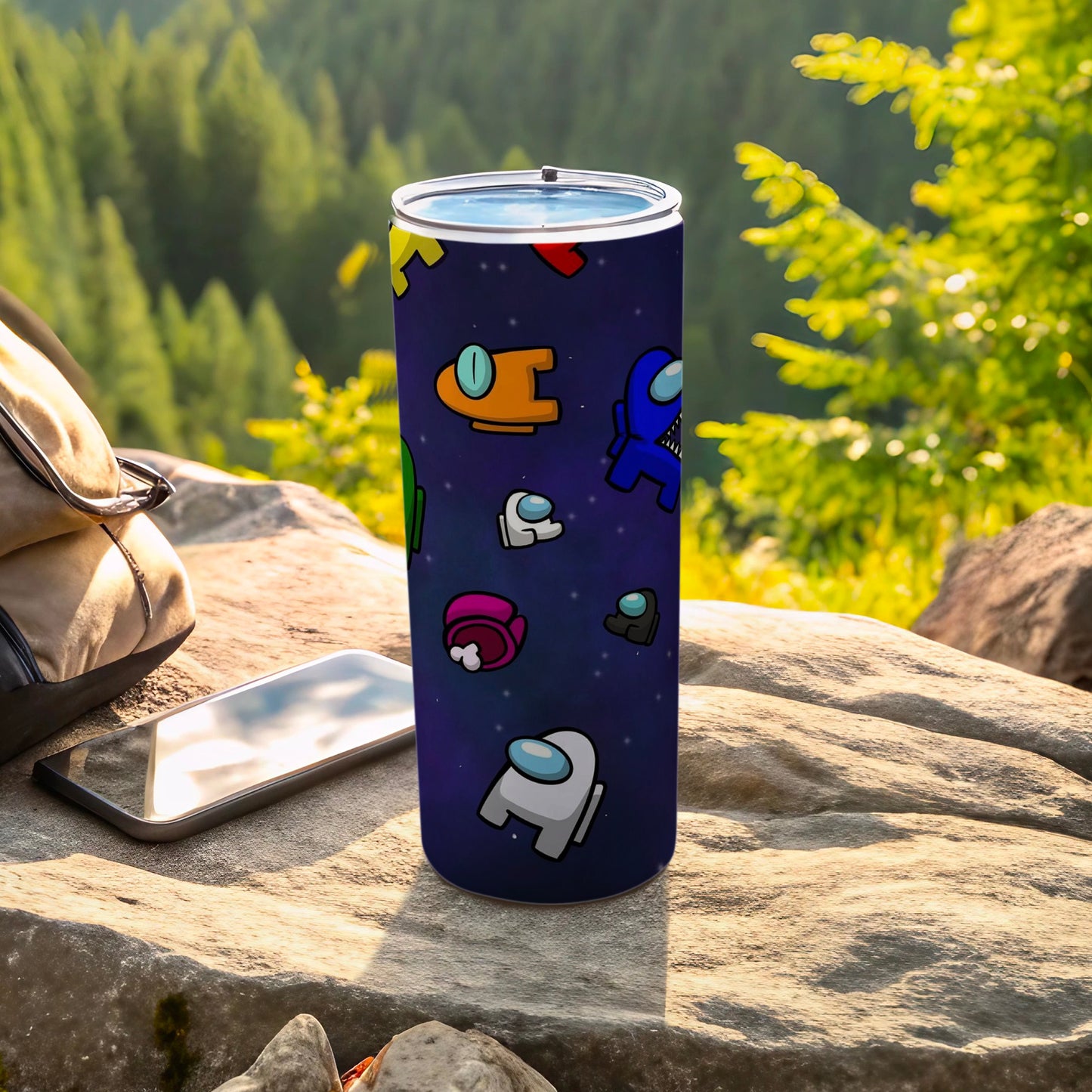 Colorful Space-Themed Tumbler with Cute Crewmate Designs