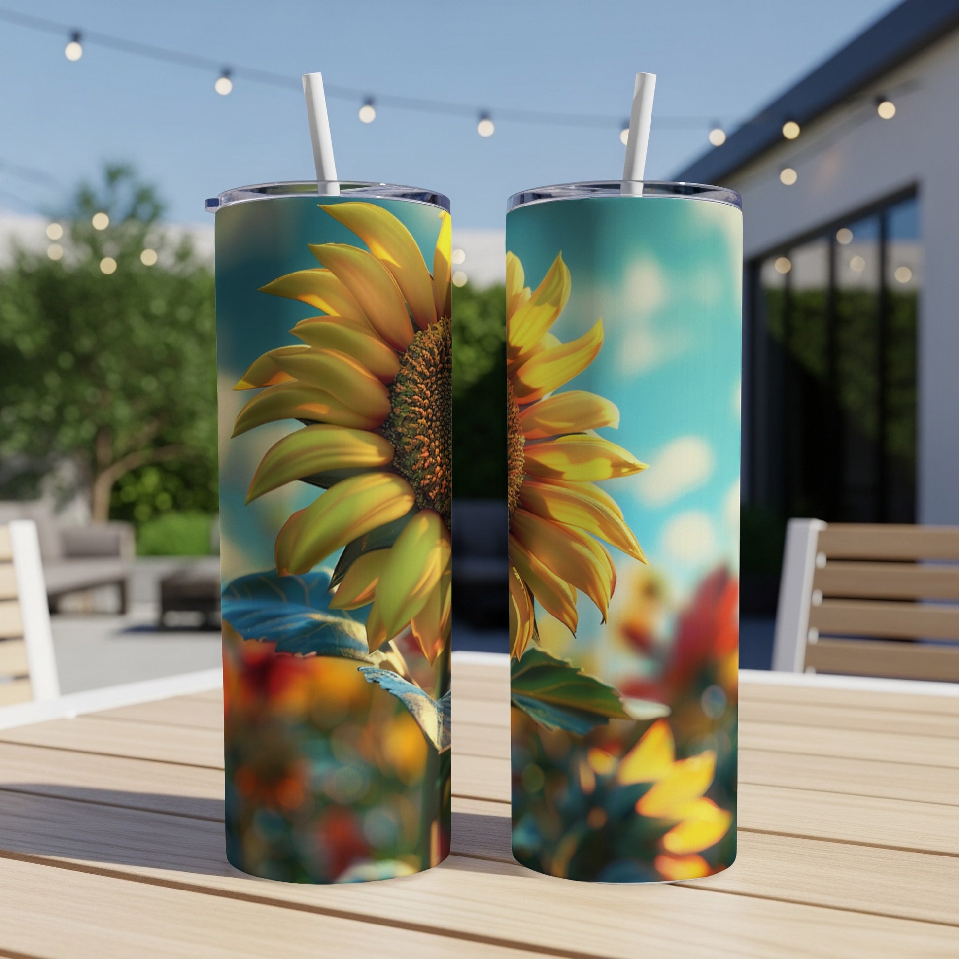 Two tumblers with a close-up sunflower design on a table.