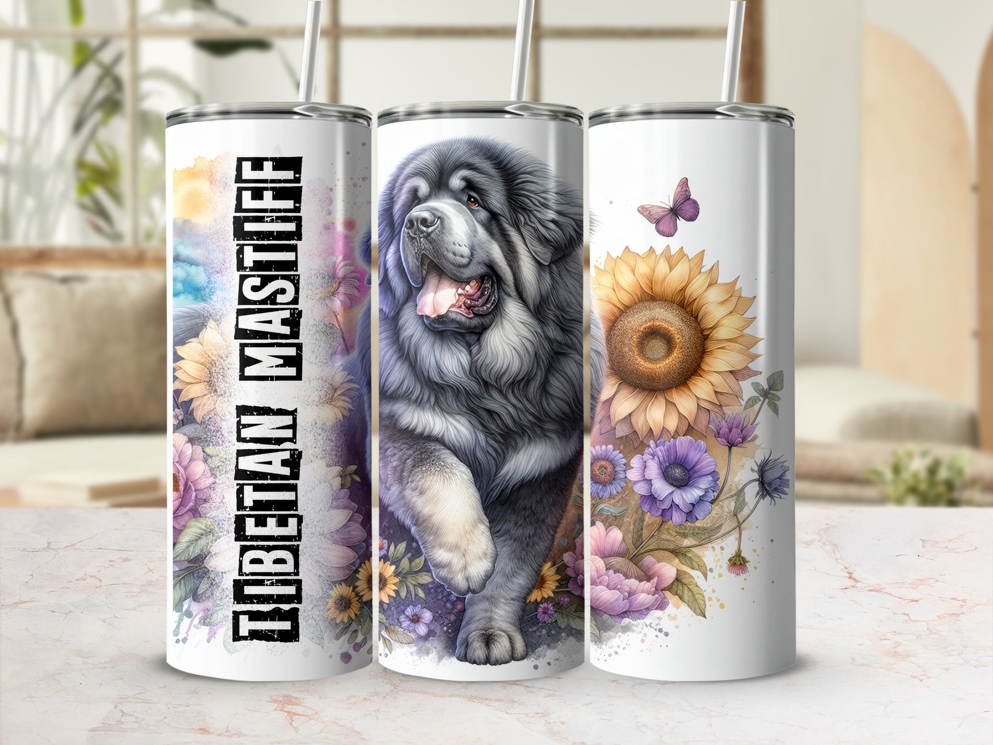 Tibetan Mastiff on tumbler with sunflowers and butterflies.