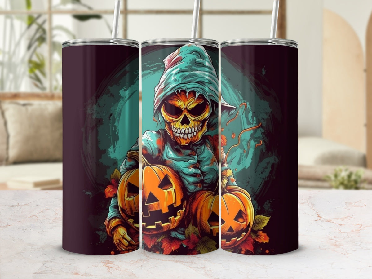 Halloween tumbler with a spooky scarecrow holding pumpkins and autumn leaves.