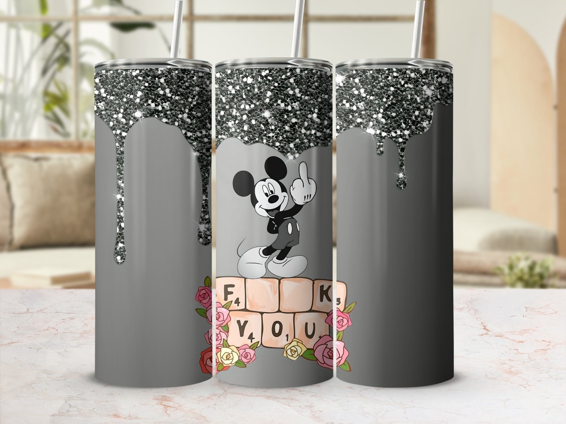 Sparkly Mickey Character with Flowers Custom Tumbler