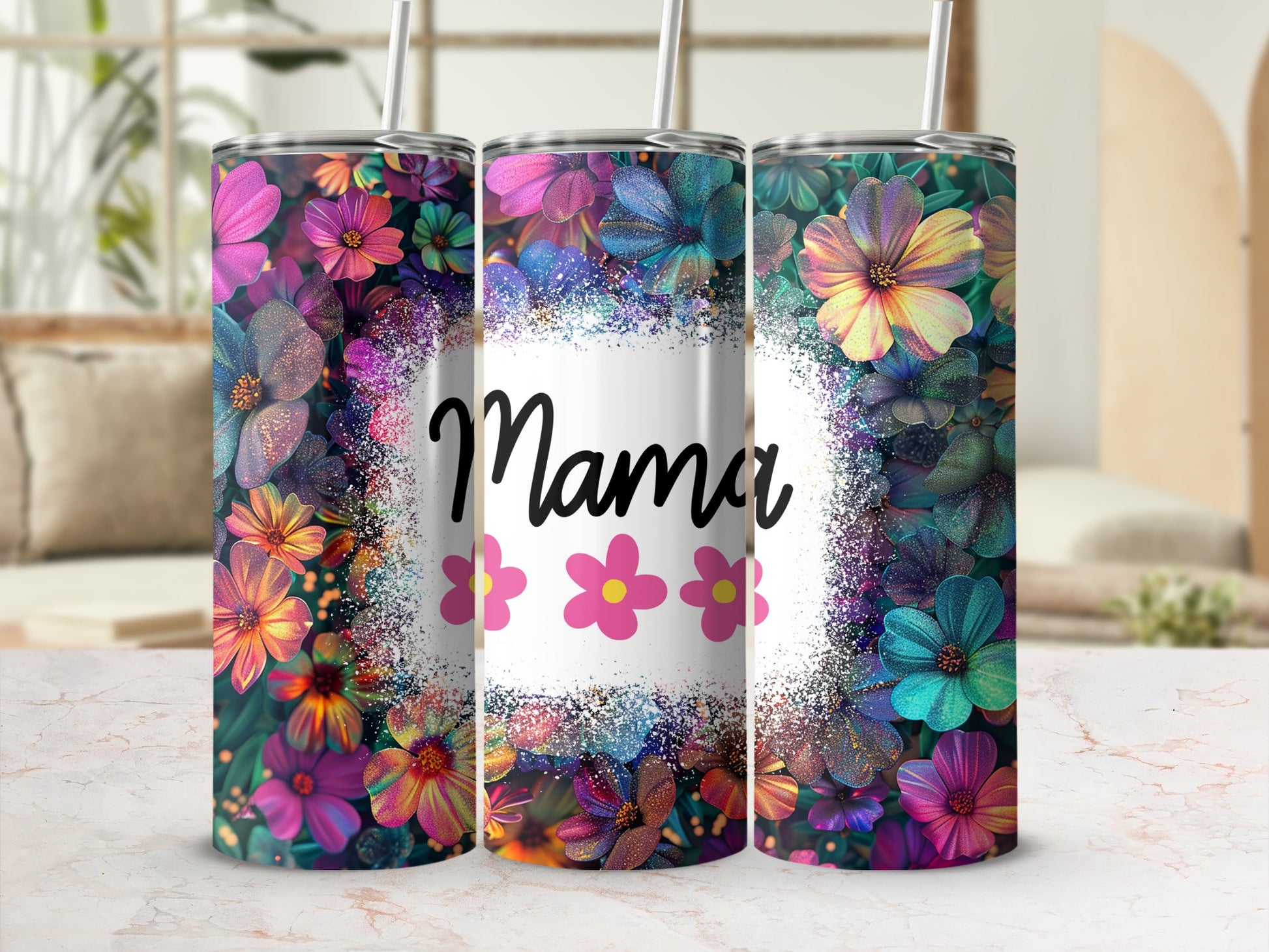Colorful Floral Mama Design Skinny Tumbler Cup