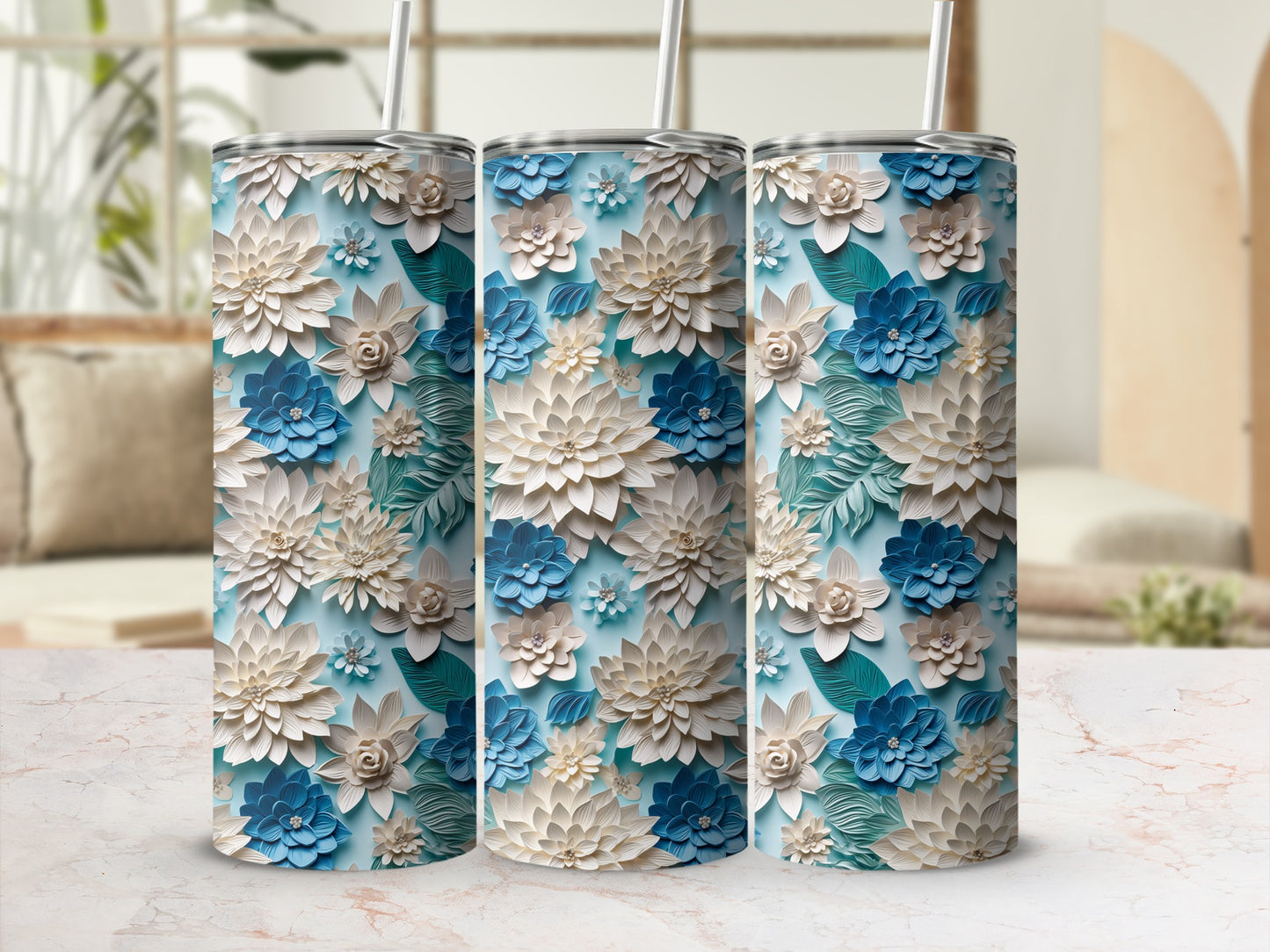 Elegant Floral Pattern Tumbler with Blue and White Flowers