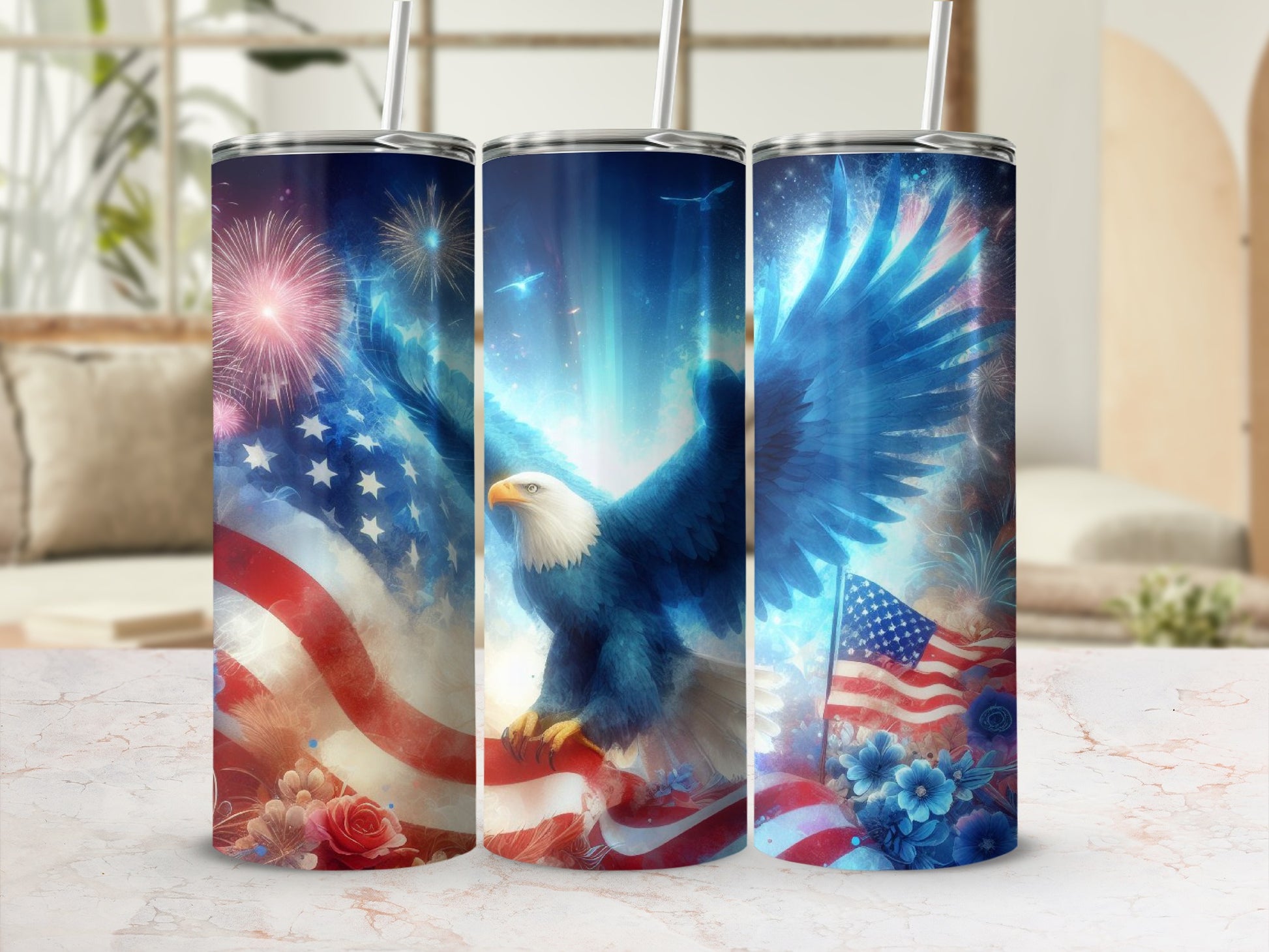 Eagle with American flag and fireworks design on a tumbler.