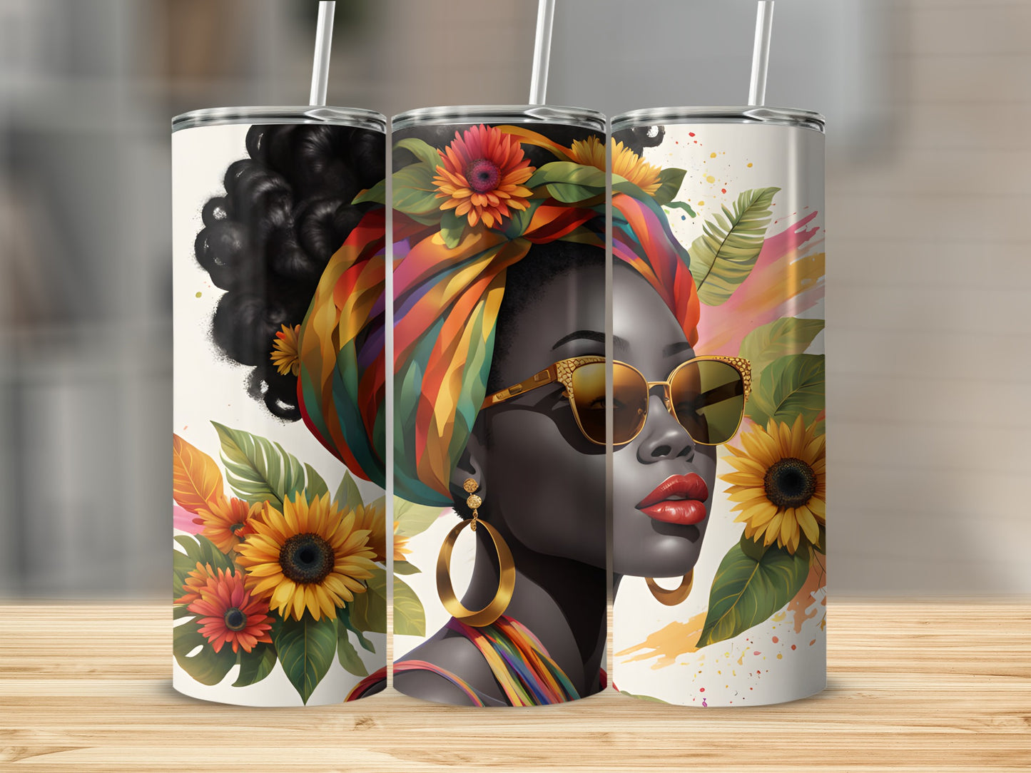 Woman with sunflowers and vibrant headwrap on tumbler.