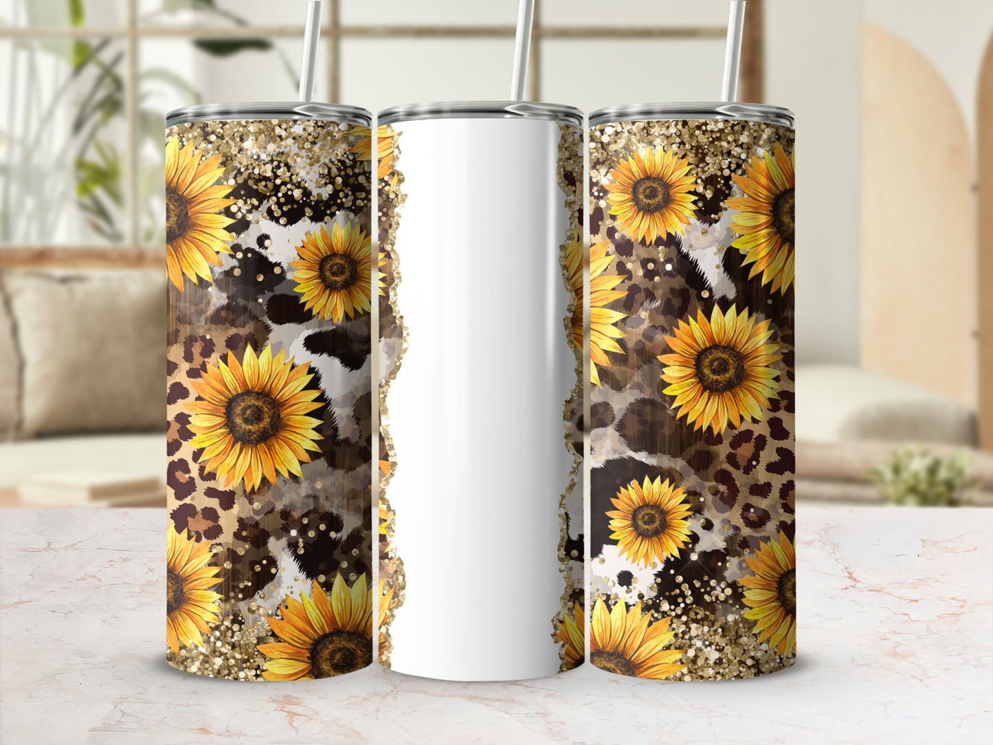 Sunflower and leopard print tumbler with glitter accents and white center.