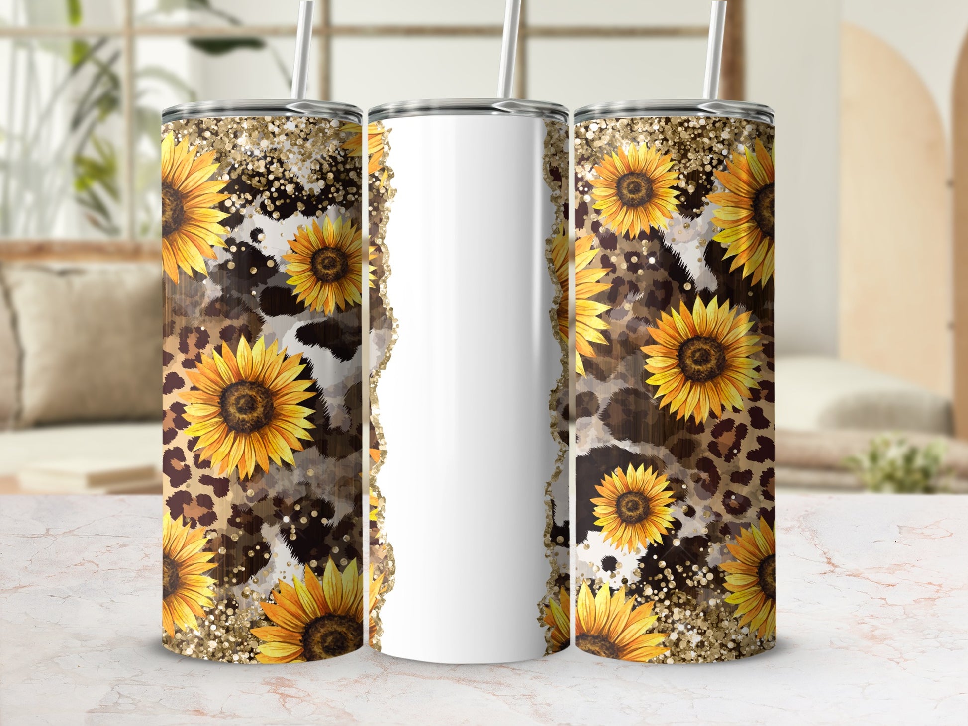 Sunflower and leopard print tumbler with glitter accents and white center.
