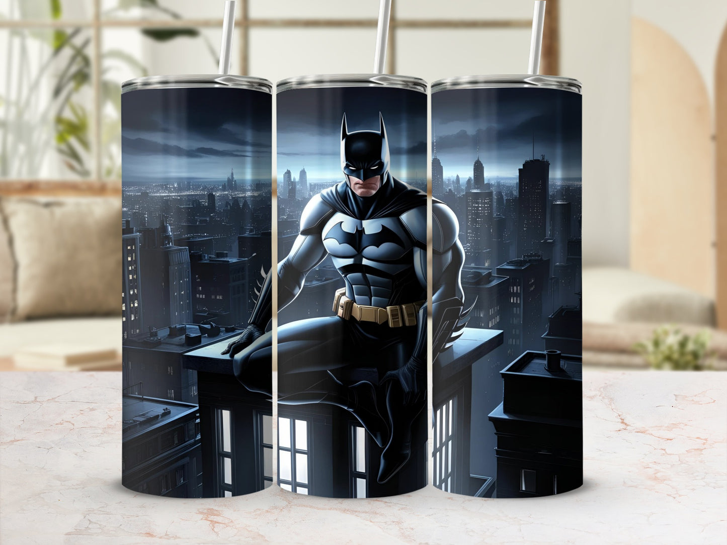 Batman sitting on a rooftop overlooking a city skyline.