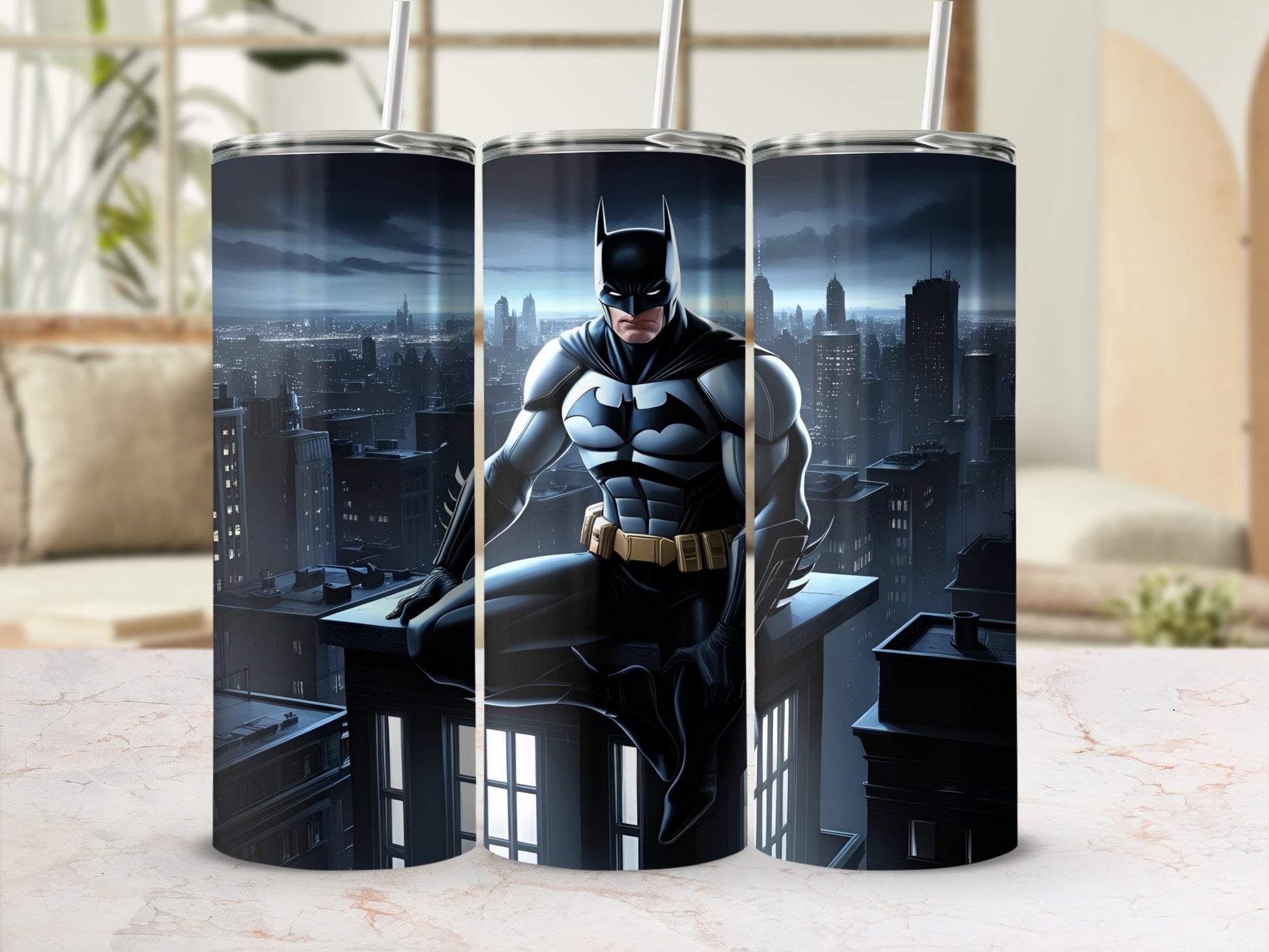 Batman sitting on a rooftop overlooking a city skyline.