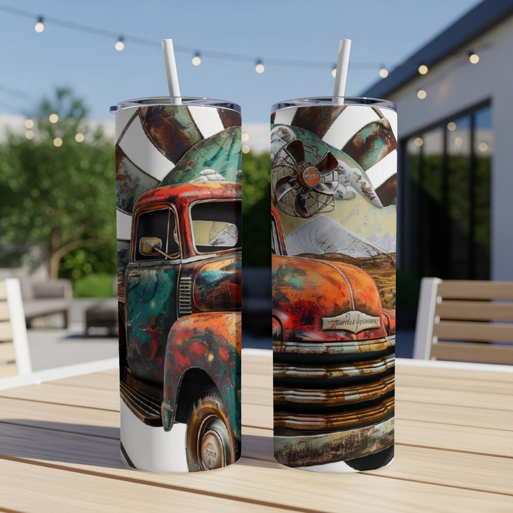 Two tumblers featuring a distressed vintage red truck with patriotic elements.