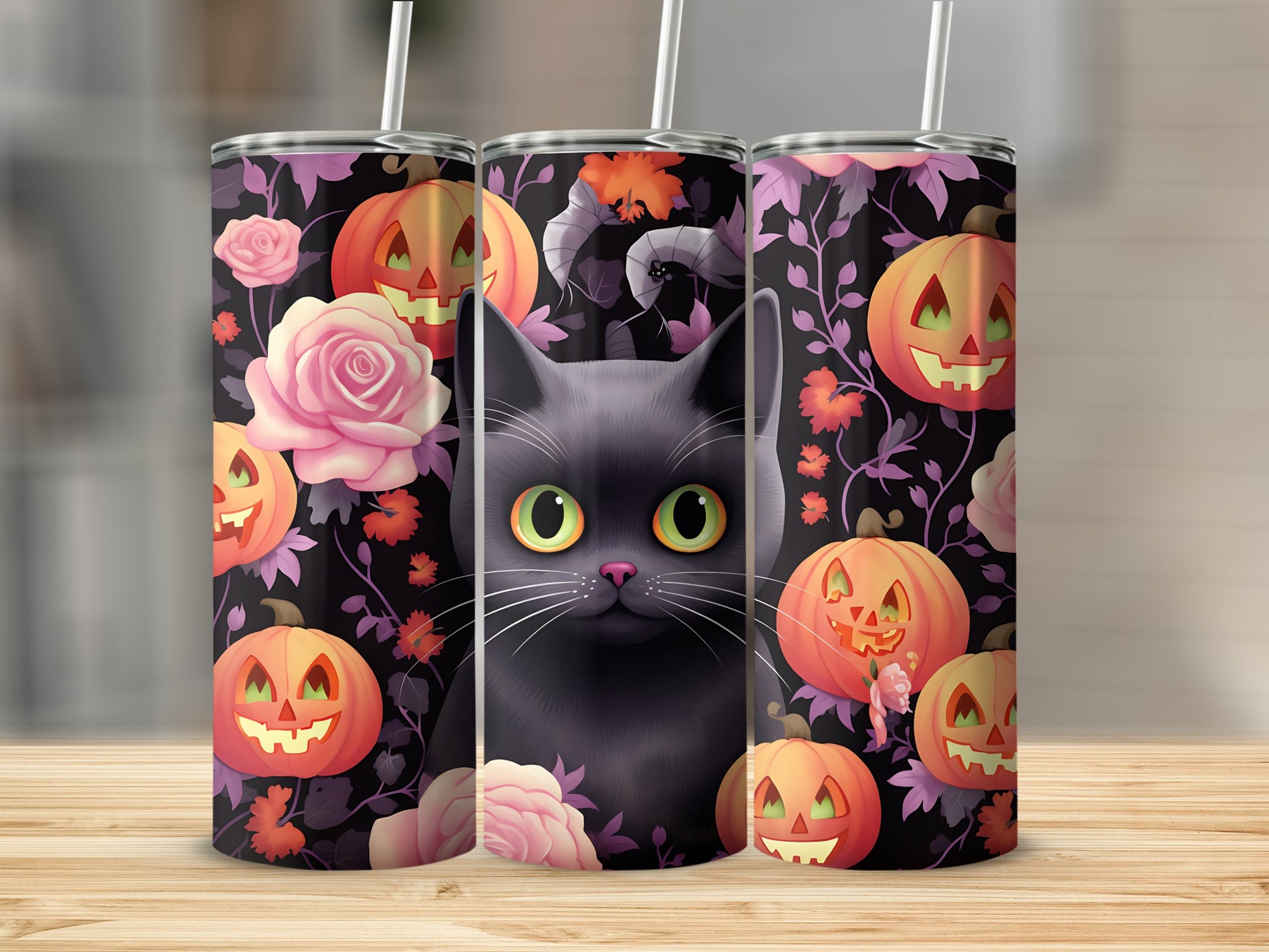 Black cat with green eyes surrounded by pumpkins and pink roses on a tumbler.