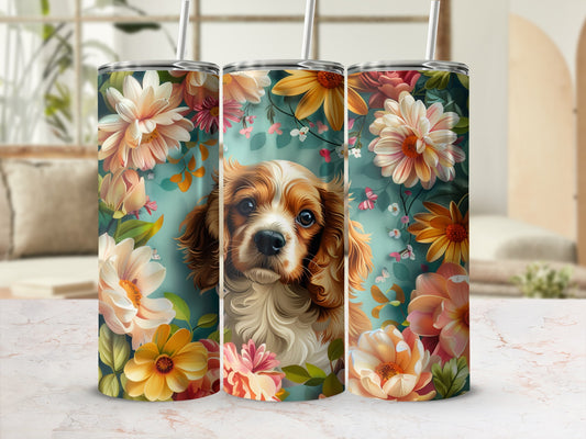 Dog portrait surrounded by a floral design on a tumbler.