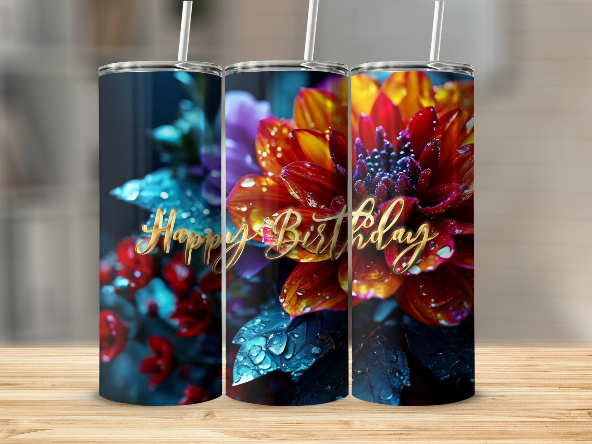 Happy Birthday Dahlia floral tumbler with water droplets.