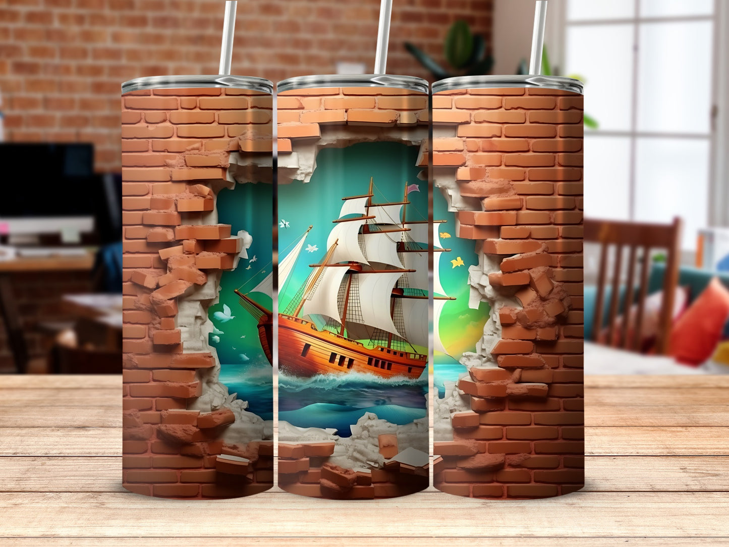 Artistic Brick Wall and Sailing Ship Design Tumbler