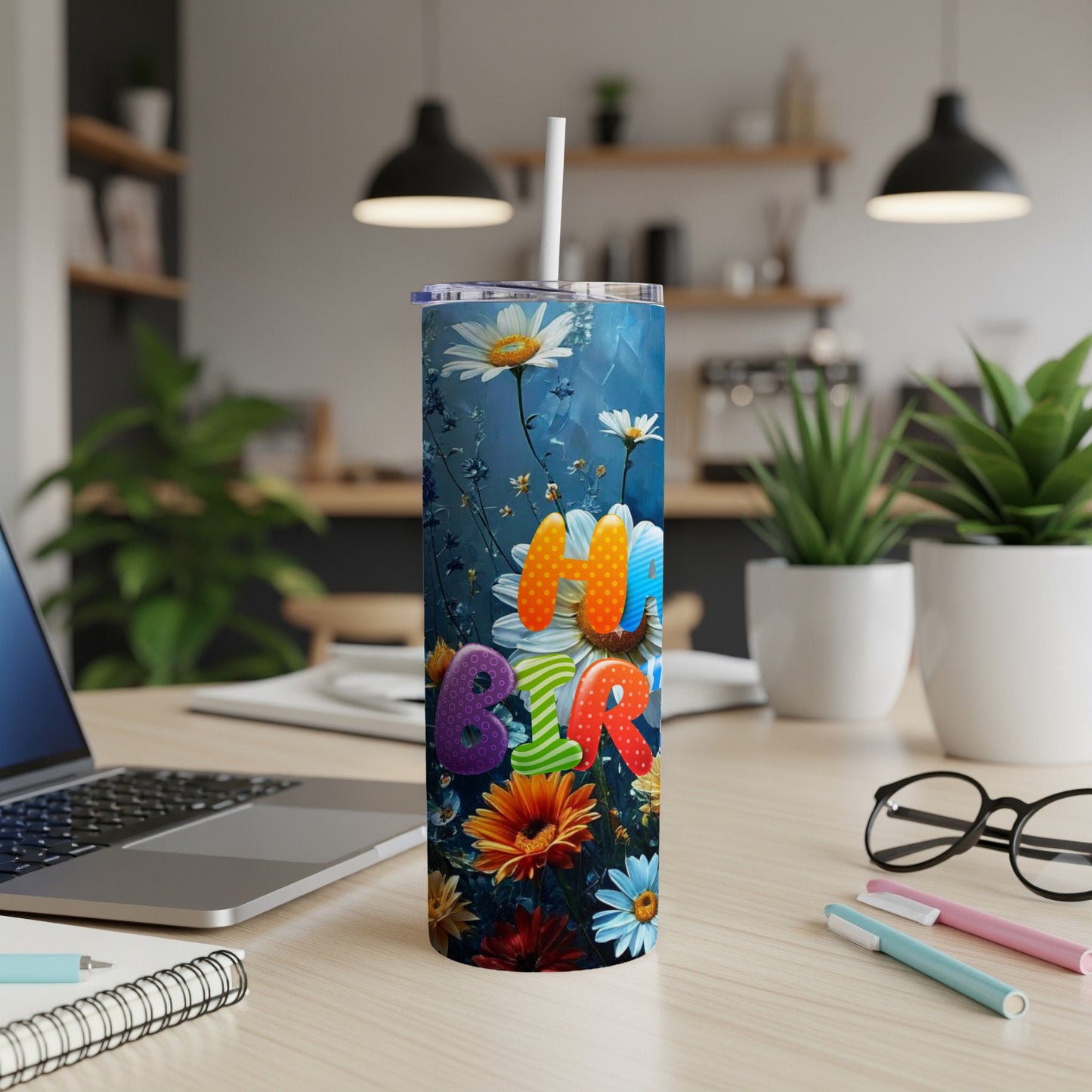 Tall tumbler with colorful "Bar" text and floral design.