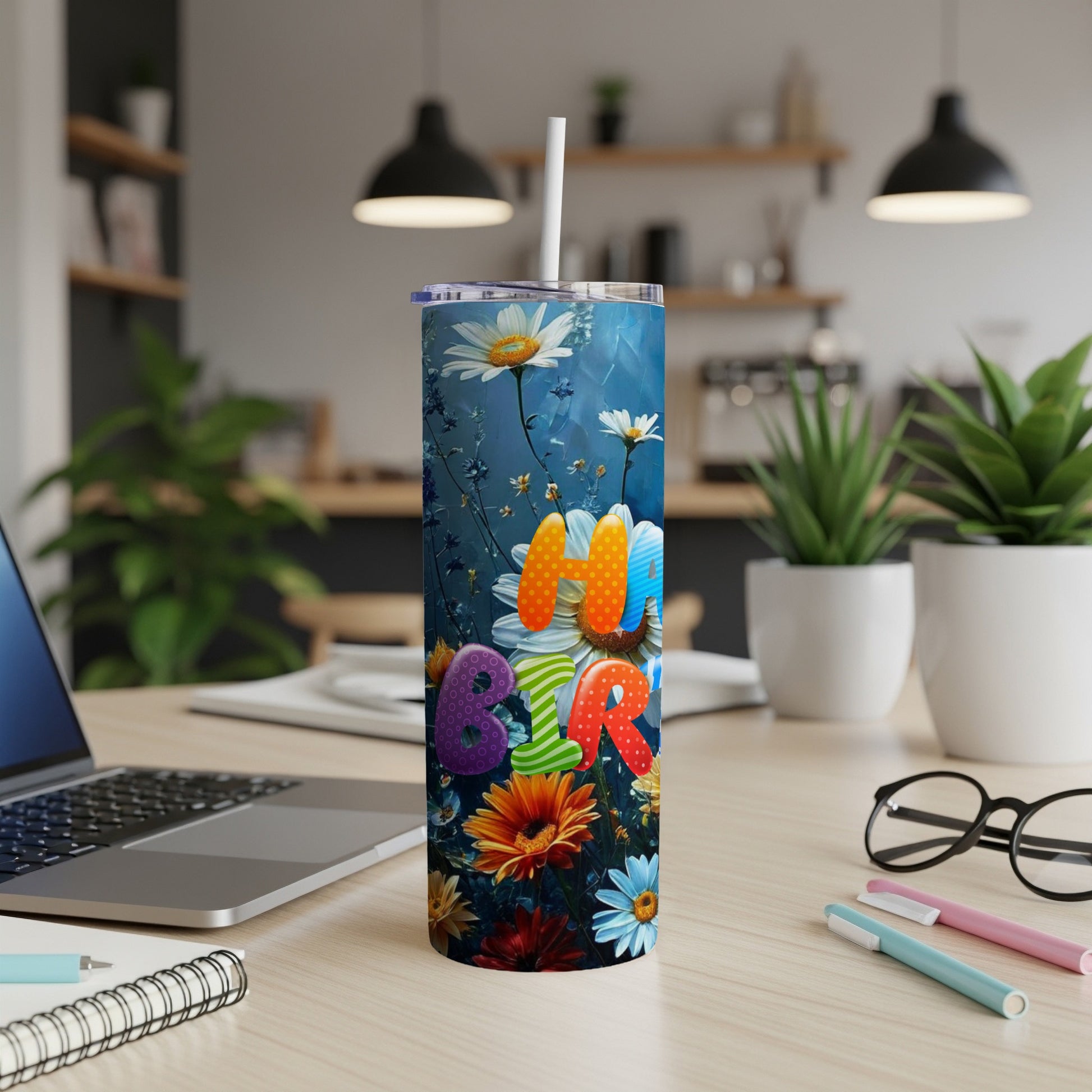 Tall tumbler with colorful "Bar" text and floral design.