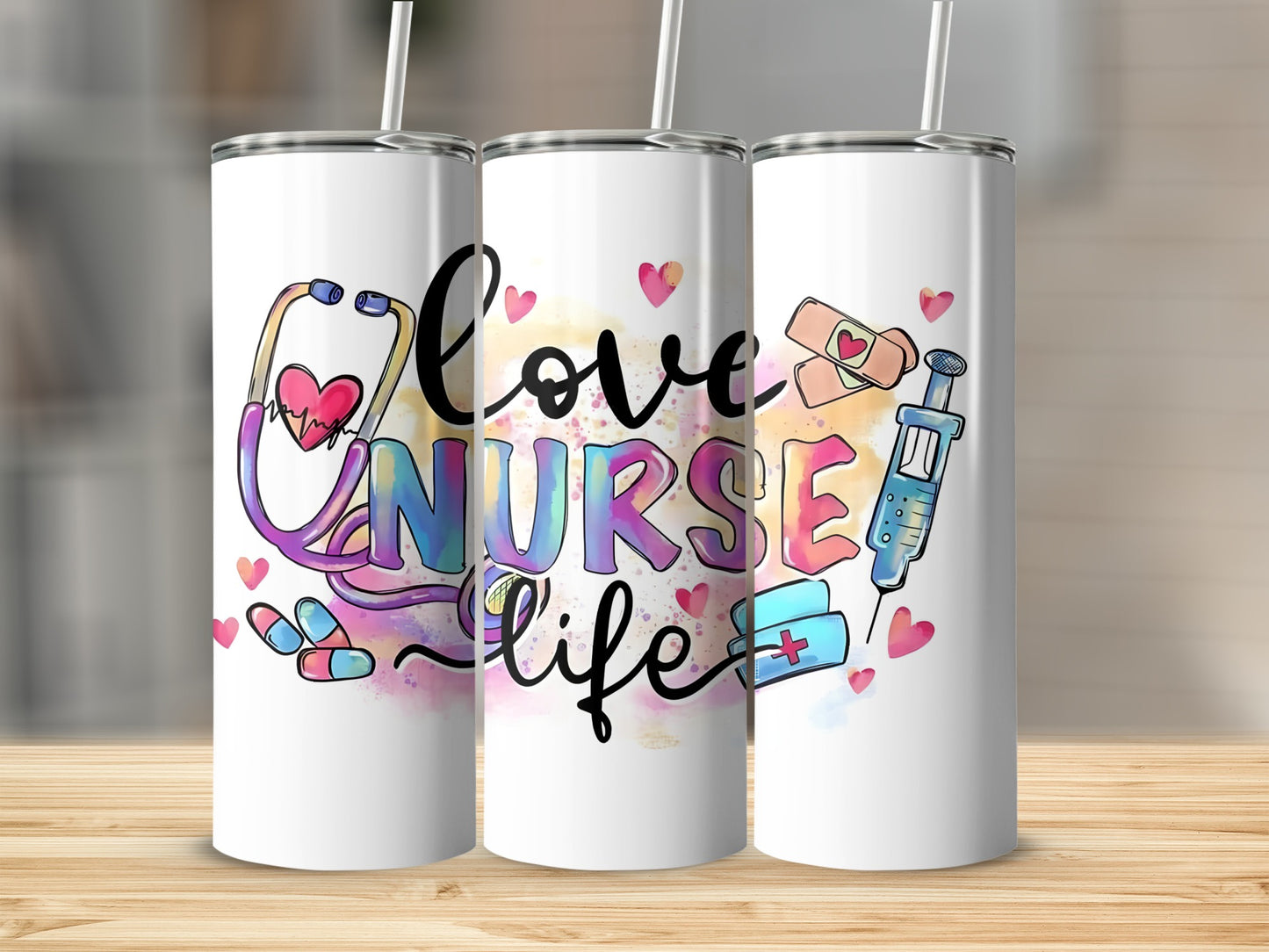 Nurse tumbler with stethoscope, syringe, heart, and "Love Nurse Life" text.