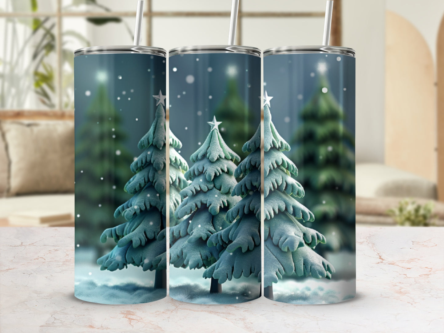 Three snow-covered pine trees in a winter scene on tumblers.