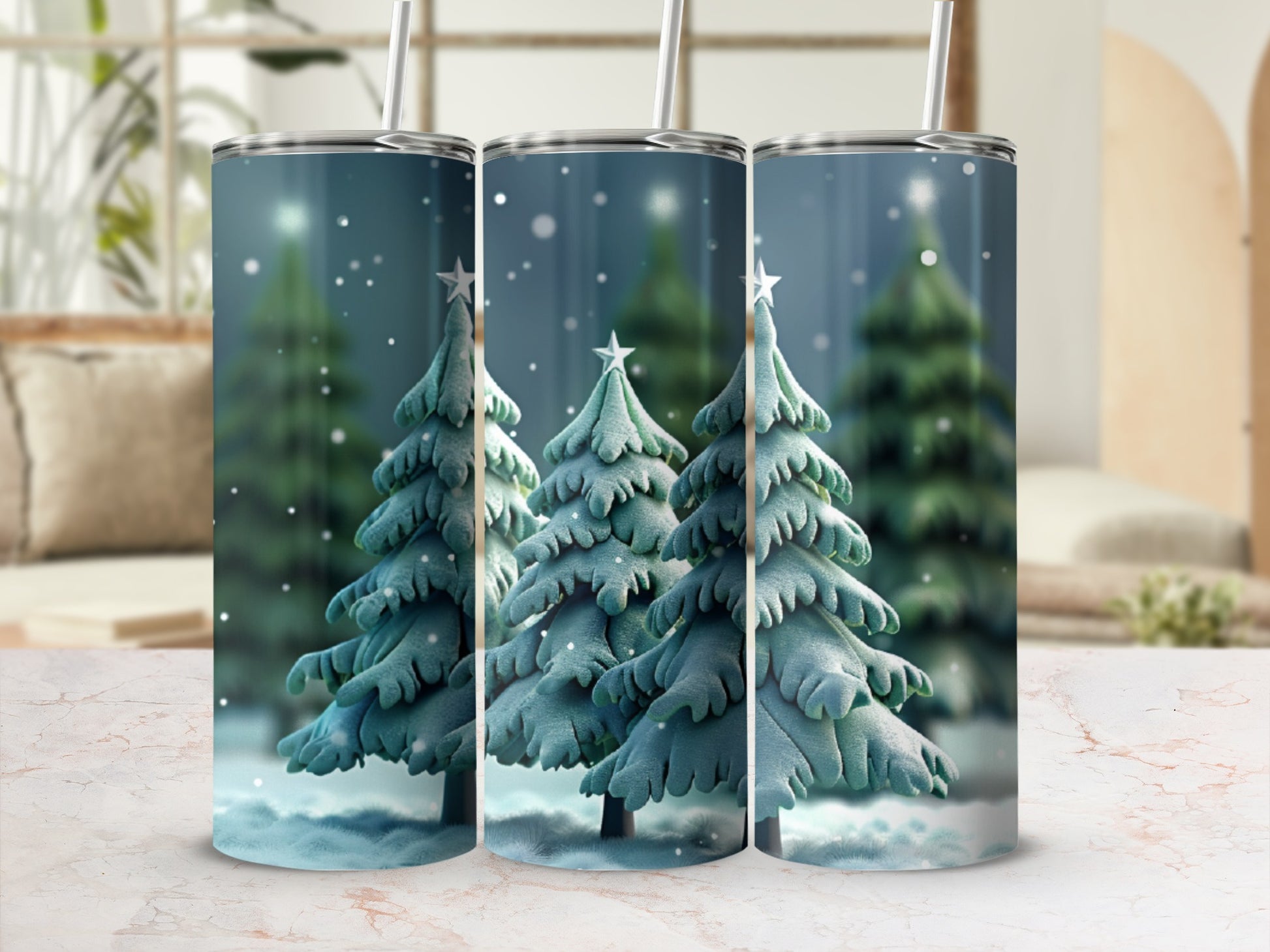 Three snow-covered pine trees in a winter scene on tumblers.