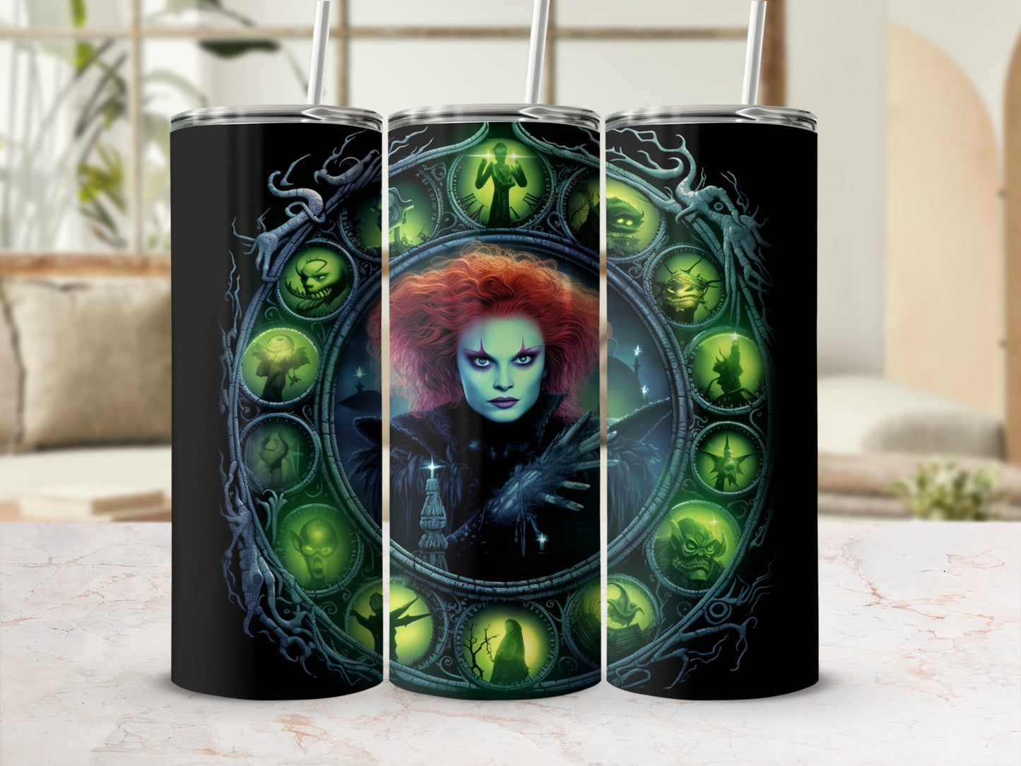 Tumbler with a spooky circular design featuring a woman with red hair and various green creatures.
