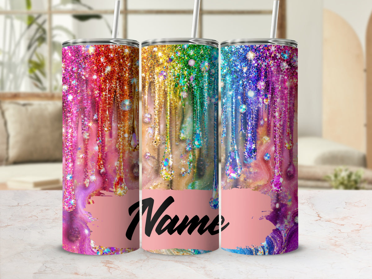 Three tumblers with glitter drips and a customizable "Name" space.