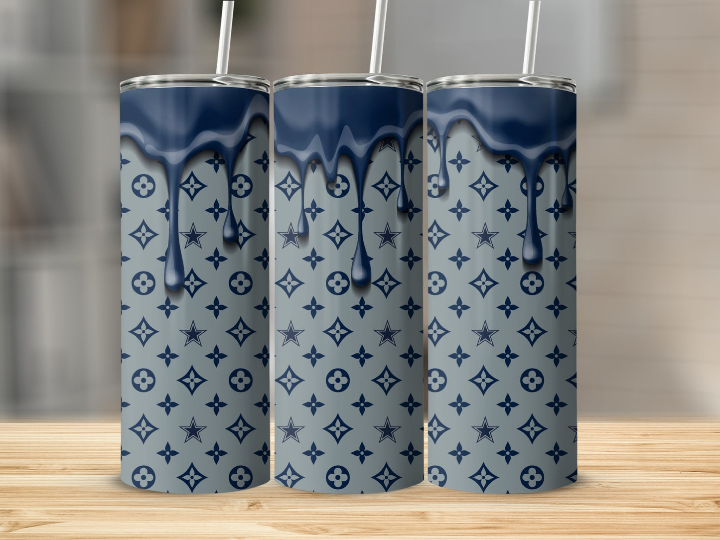 Blue Drip With Monogram And Star Background Pattern Tumblers