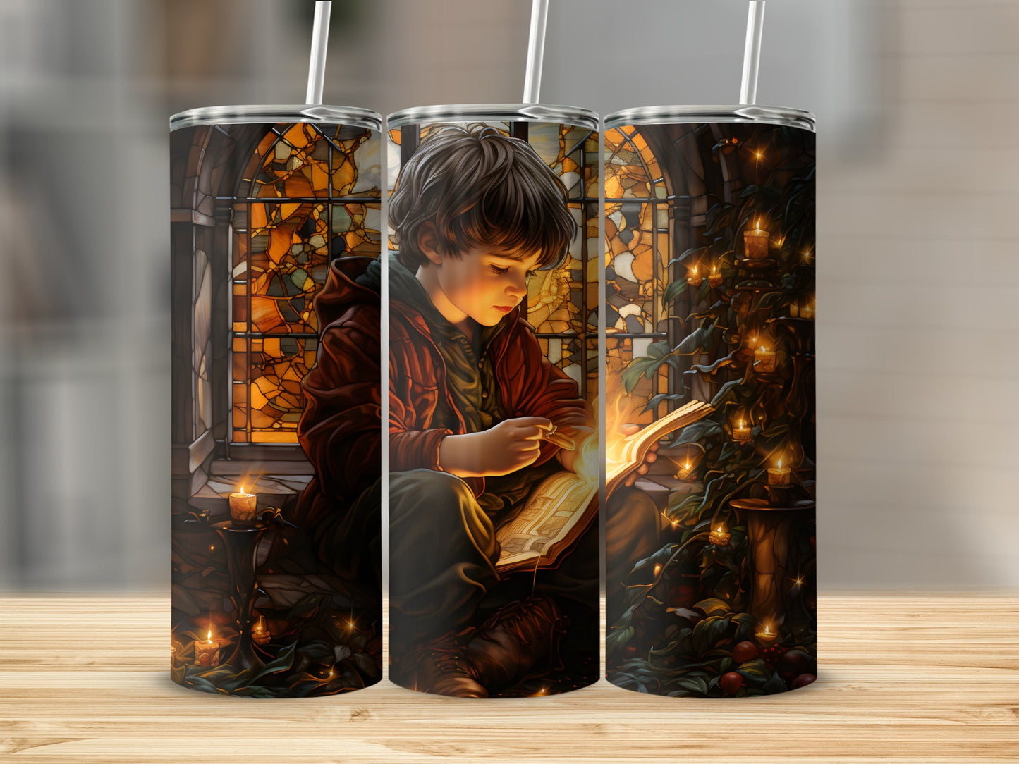 Boy reading by candlelight with stained glass window background.