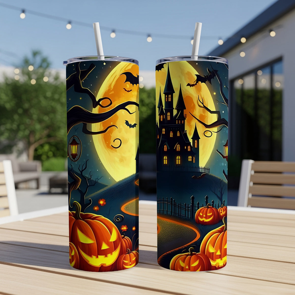 Halloween tumblers with spooky castle, bats, and pumpkins under a large full moon.