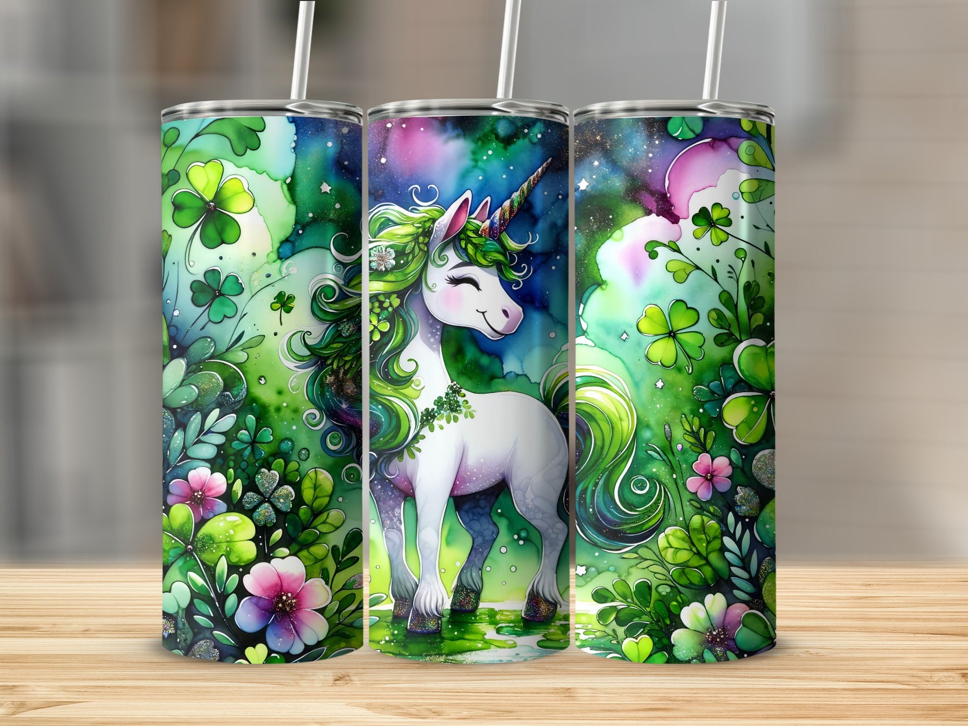 Unicorn with shamrocks and flowers on a green watercolor background.
