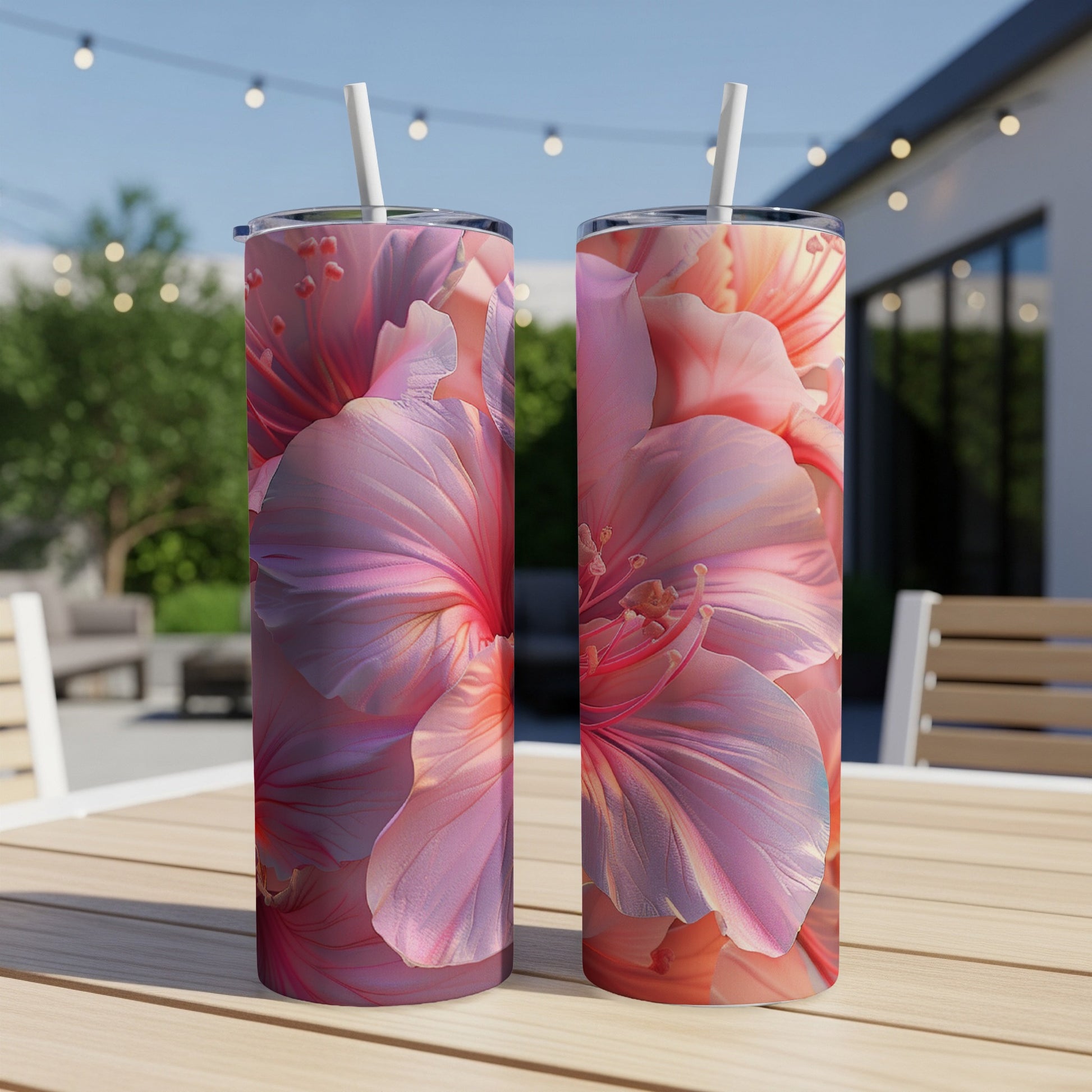 Two pink hibiscus floral print tumblers with straws on a table.