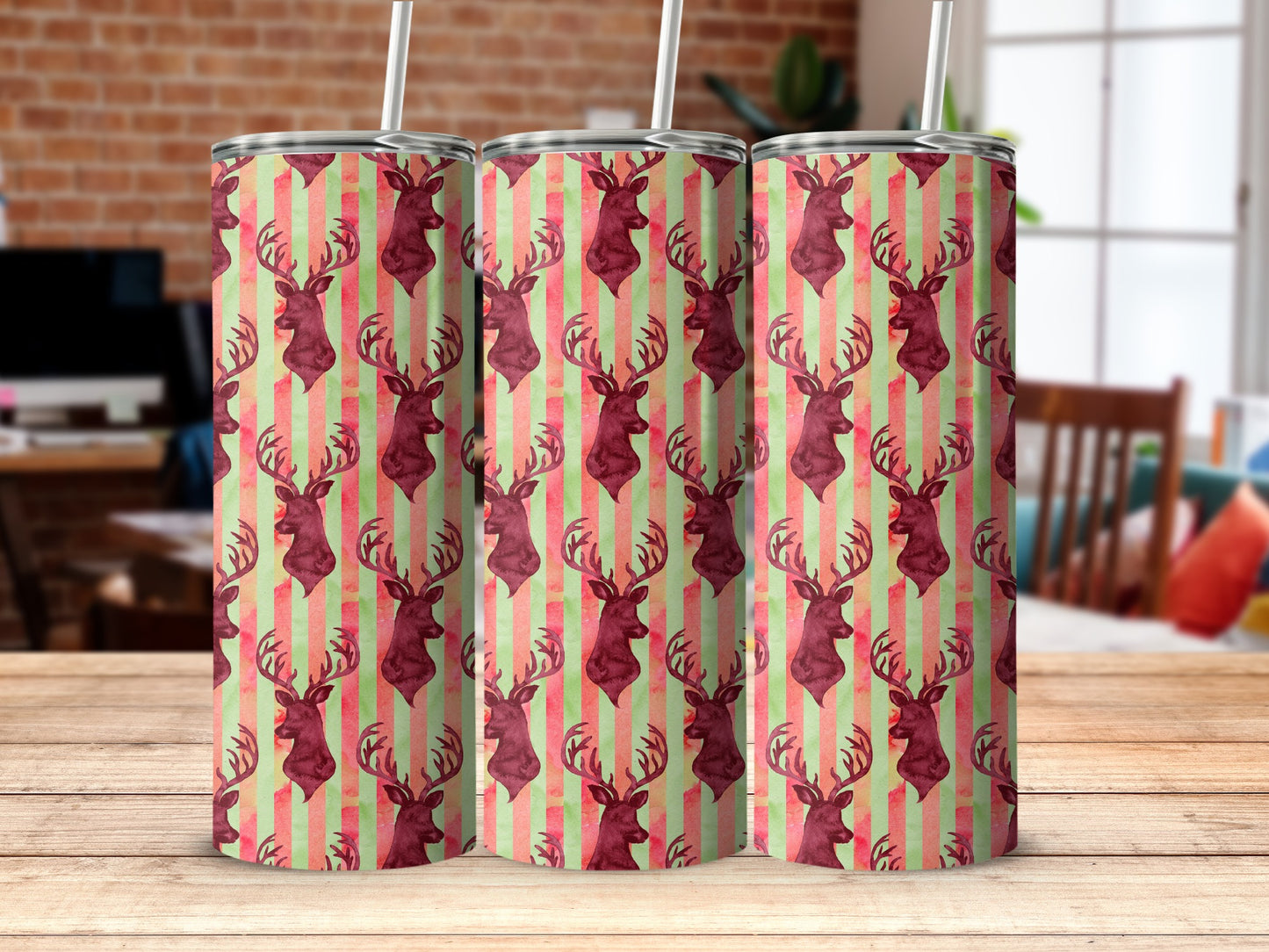 Three tumblers with a red deer and green stripe pattern.