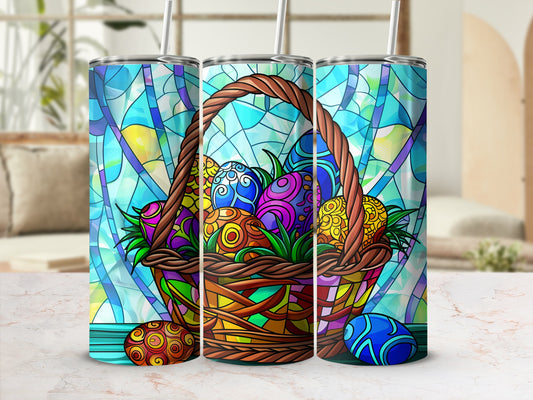 Easter basket with colorful decorated eggs against a stained glass background.