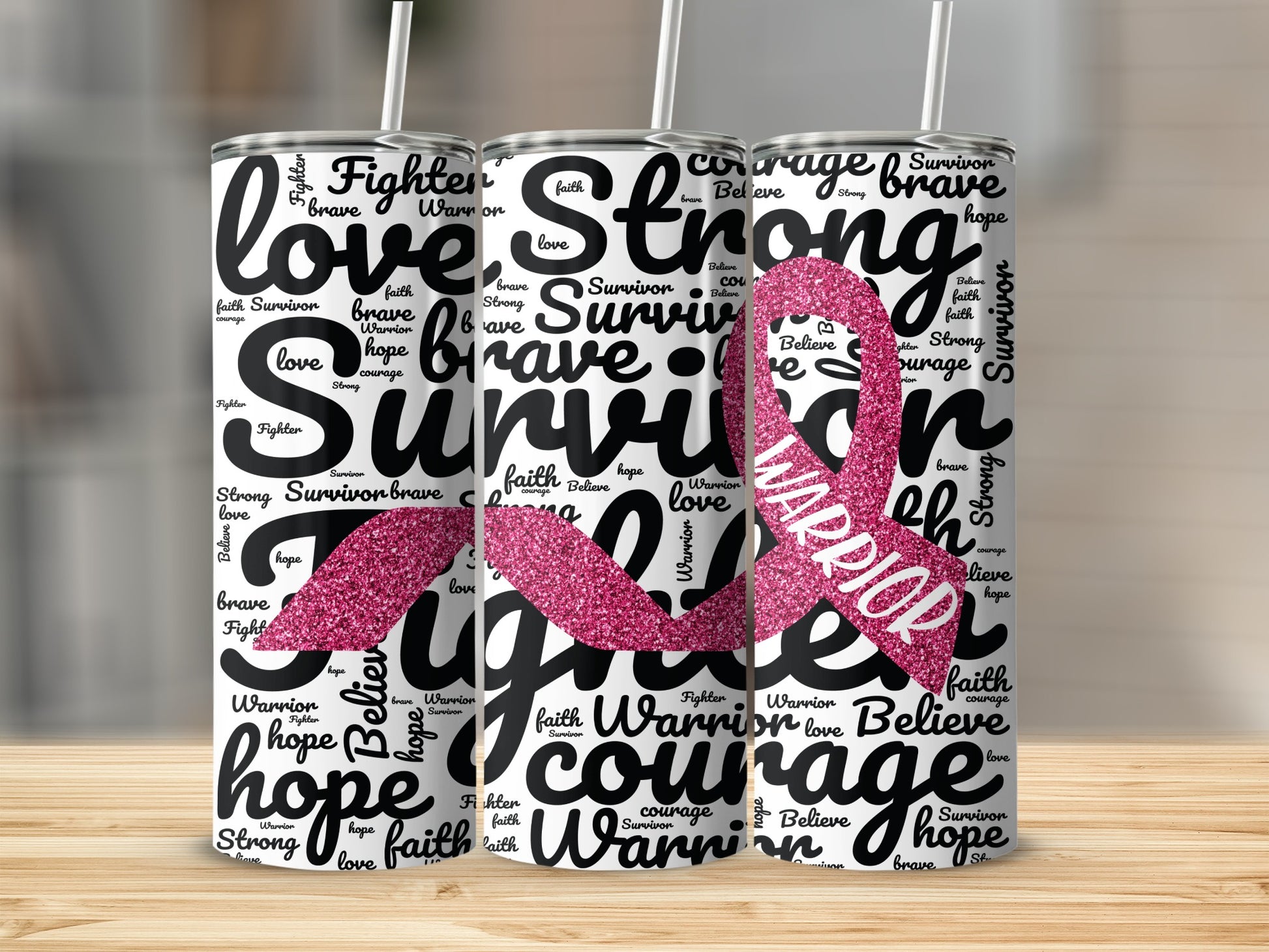 Pink ribbon tumbler with inspirational words about cancer survival.