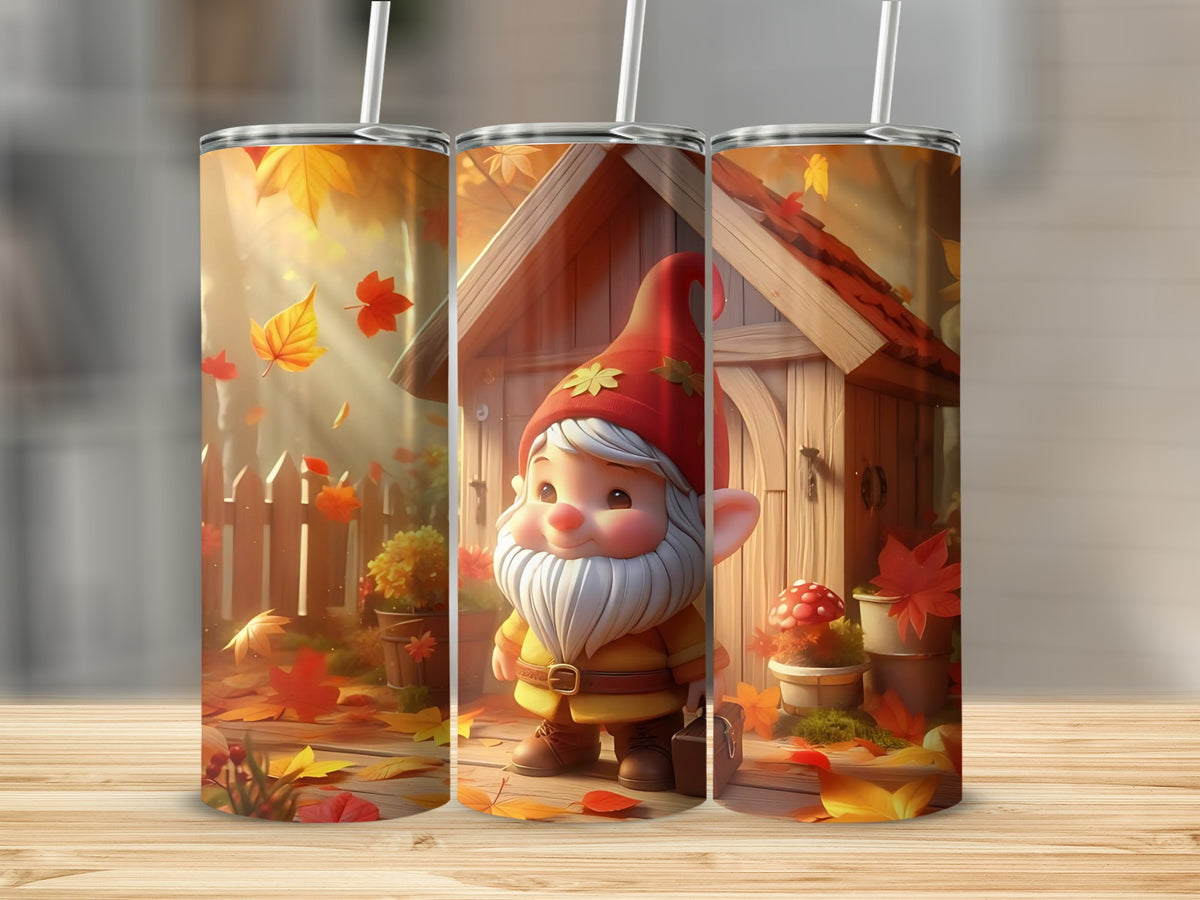 Autumn gnome in yellow jacket and red hat with falling leaves and tiny house.