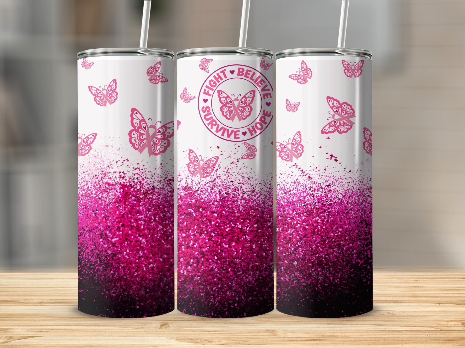 Tumbler with pink butterflies and glitter, featuring "Fight Believe Hope Survive" text.