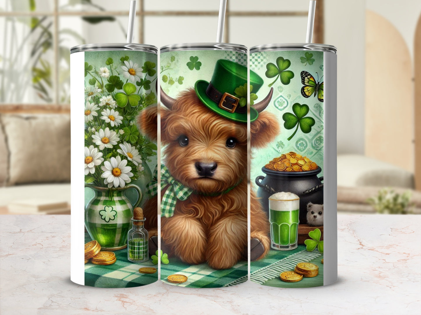 Highland cow in green hat with shamrocks, gold coins, and pot of gold.