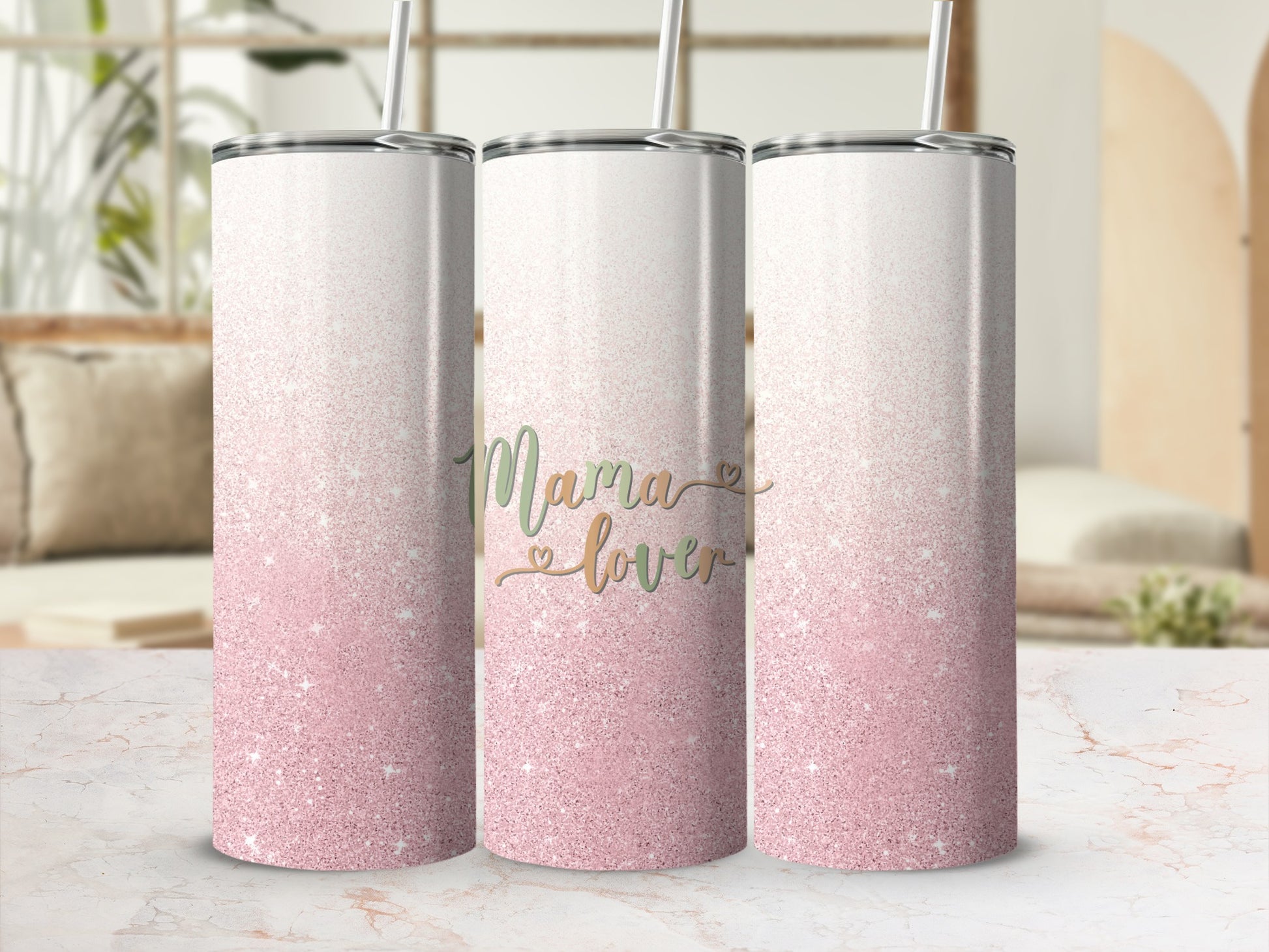 Three glitter tumblers with "Mama Lover" text, fading from white to pink.
