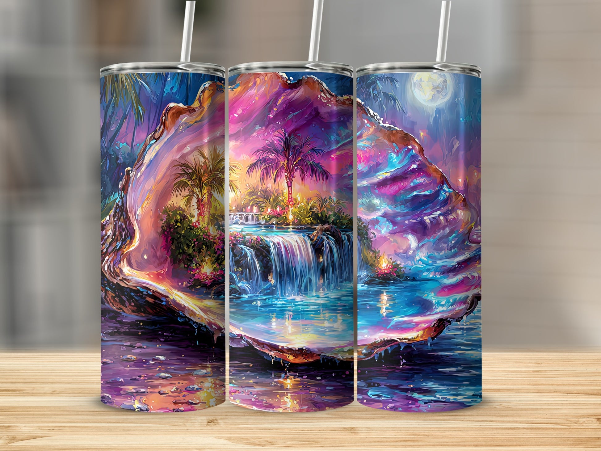Tropical Waterfall and Moonlit Scenery Tumbler