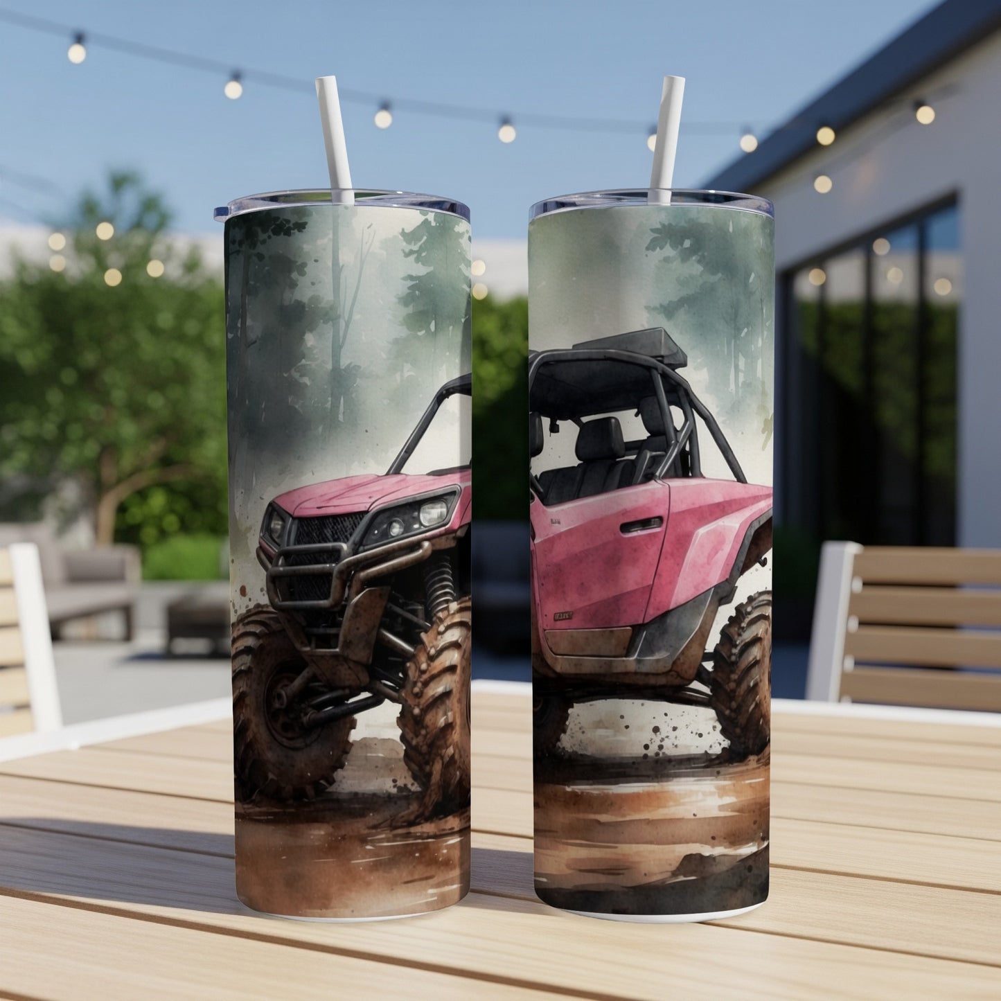 Pink off-road vehicle in mud with outdoor background.