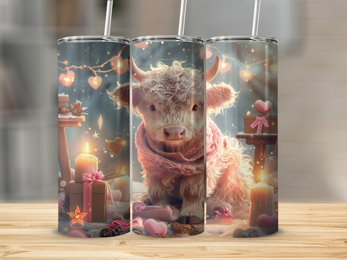 Fluffy Highland cow wearing pink scarf with Valentine's Day decorations.