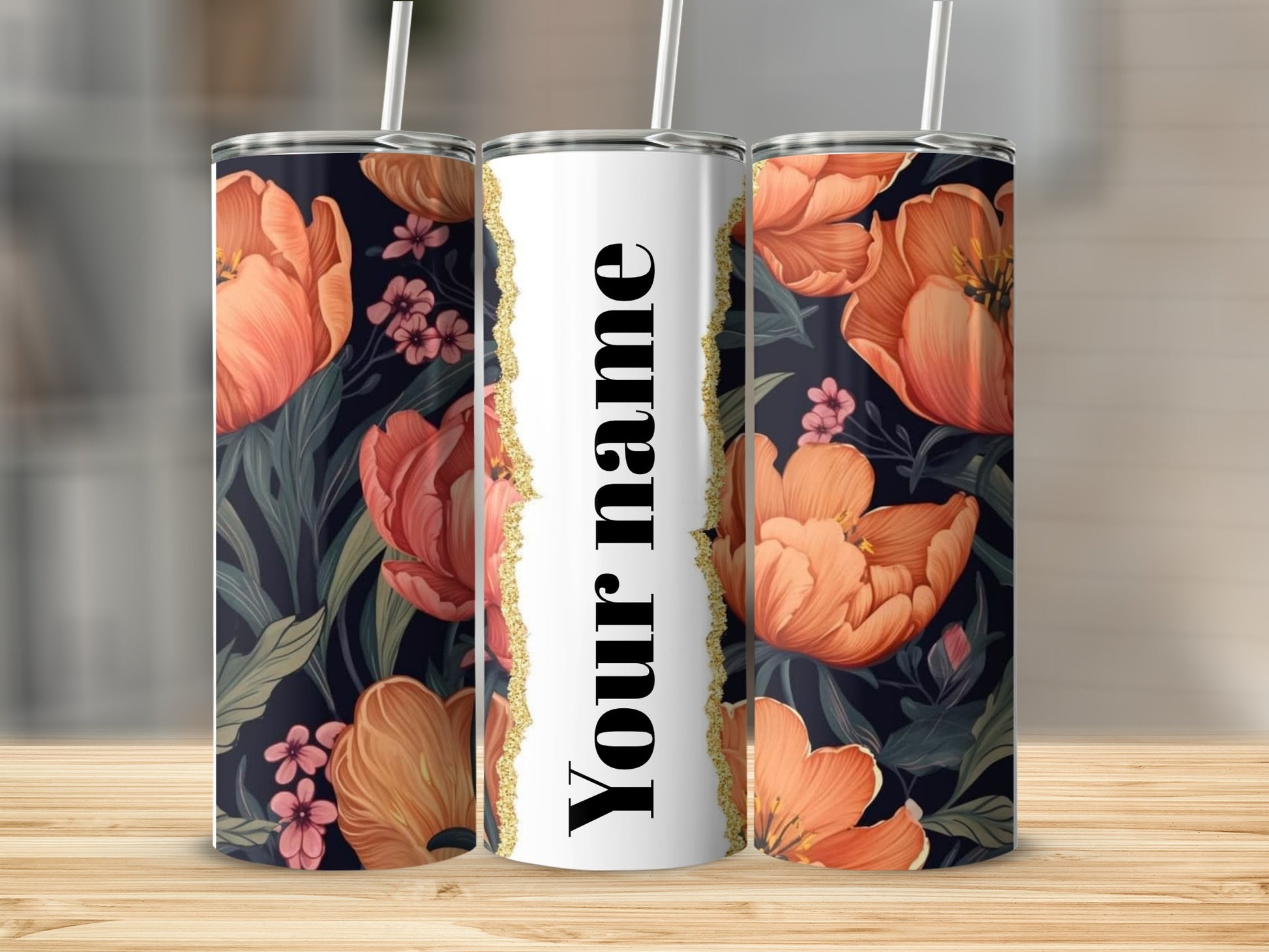 Personalized Floral Design Tumbler with Custom Name