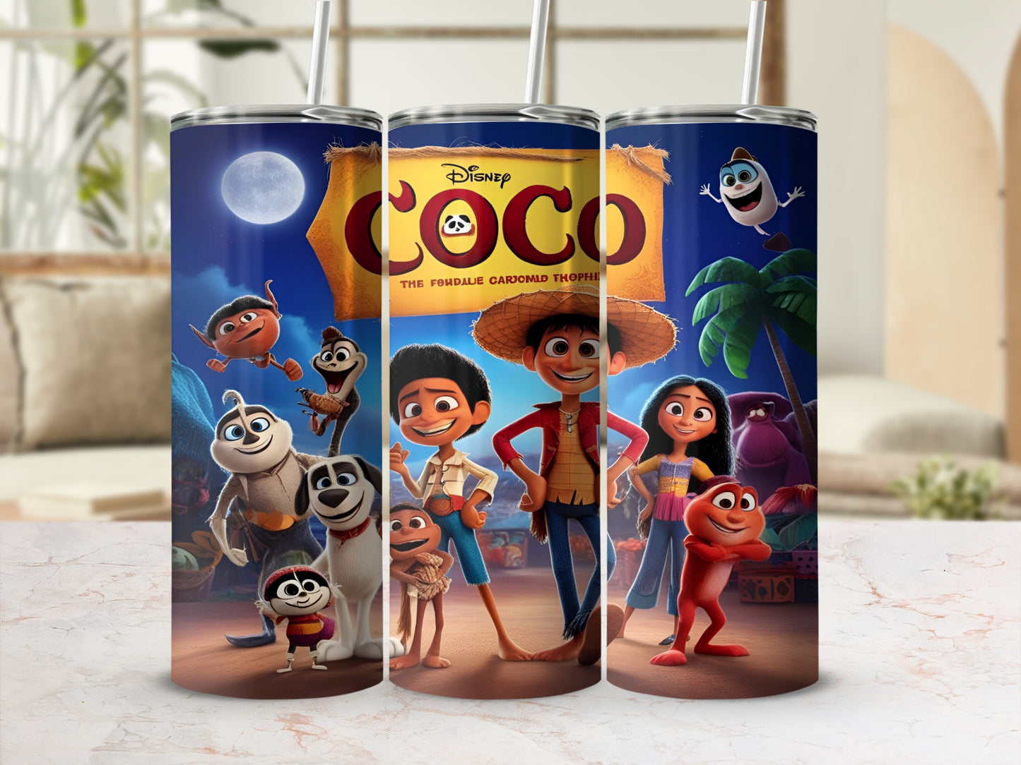 Disney Coco movie characters Miguel, Hector, Dante, and Imelda on a tumbler.
