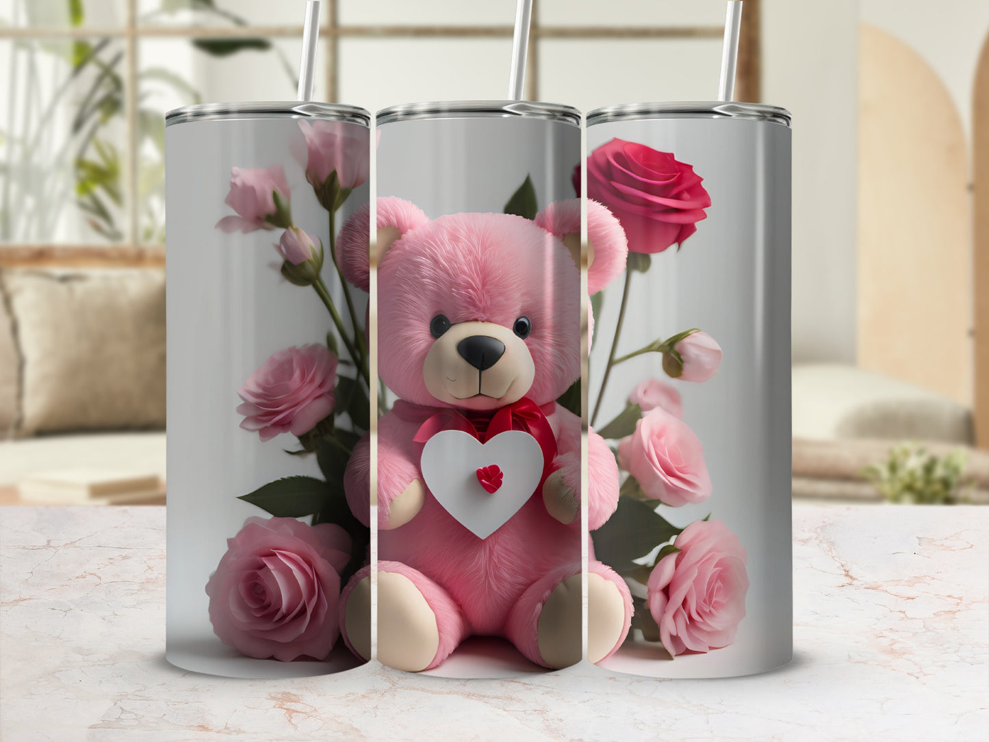 Pink Teddy Bear and Roses Design Tumbler Flask