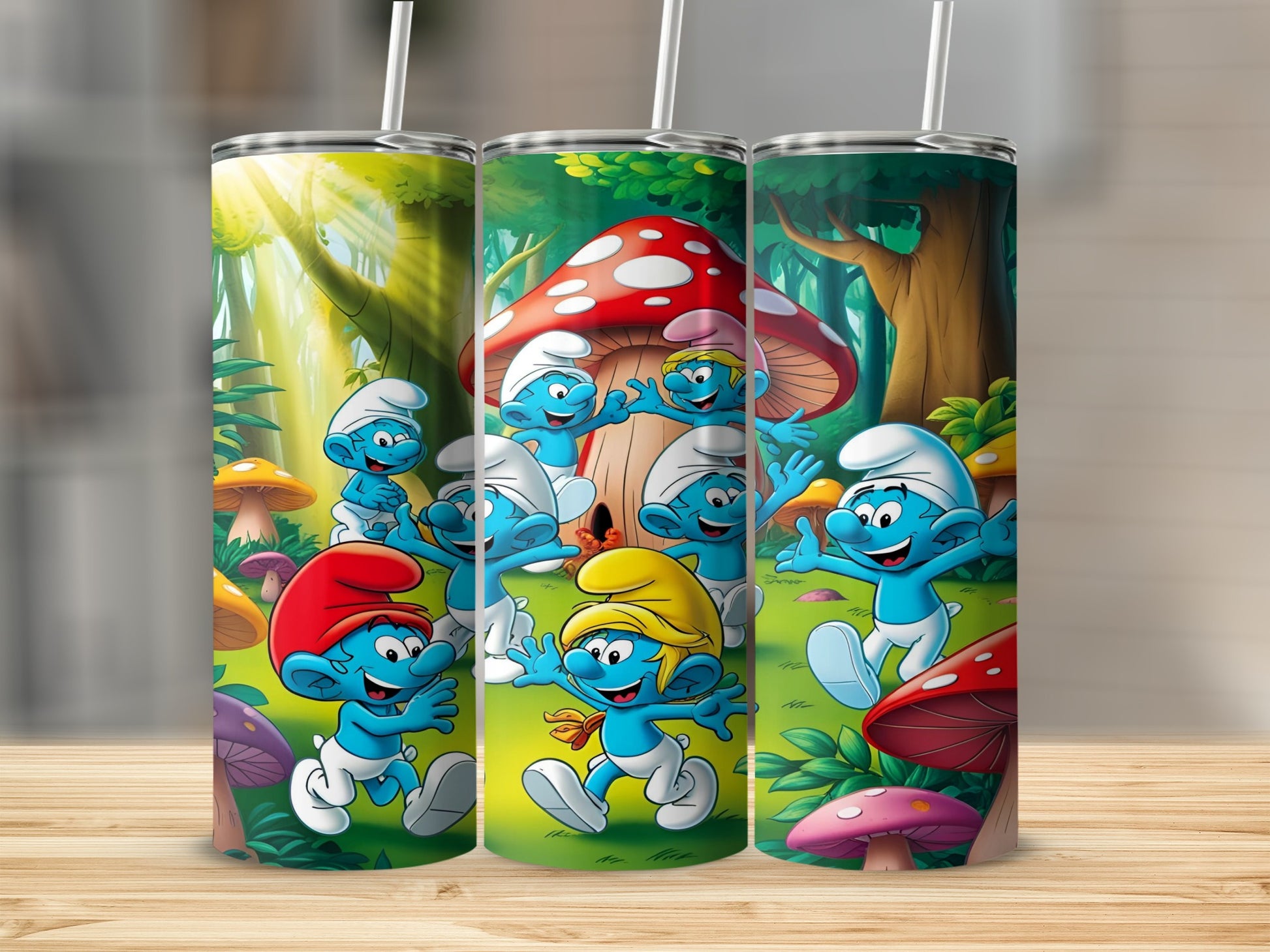 Smurfs in a forest with mushrooms and trees.